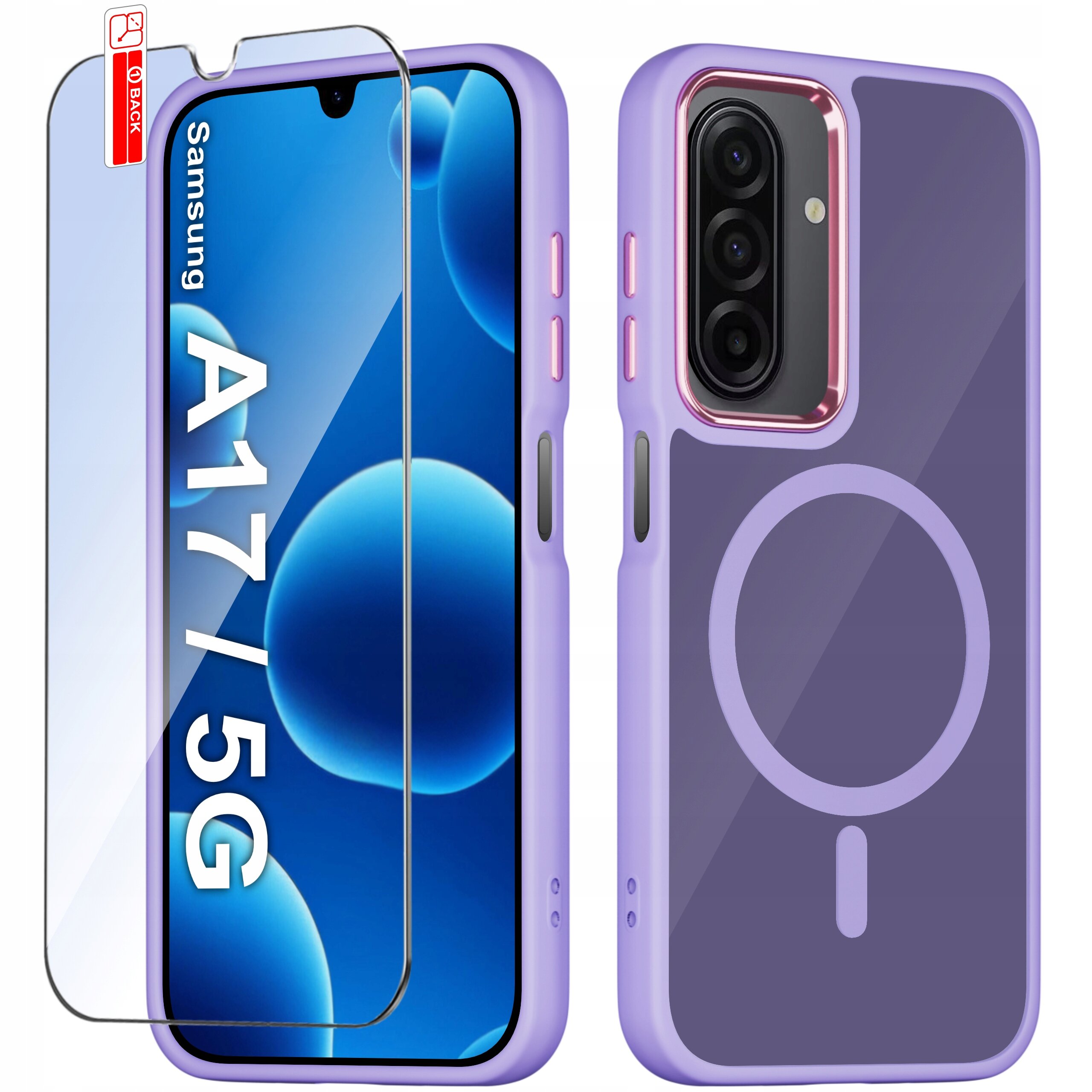 Obraz przedstawia fioletowe etui na telefon z trzema aparatami oraz szkło ochronne z napisem \'Samsung A17/5G\'. Etui ma okrągły wzór sugerujący kompatybilność z MagSafe.
