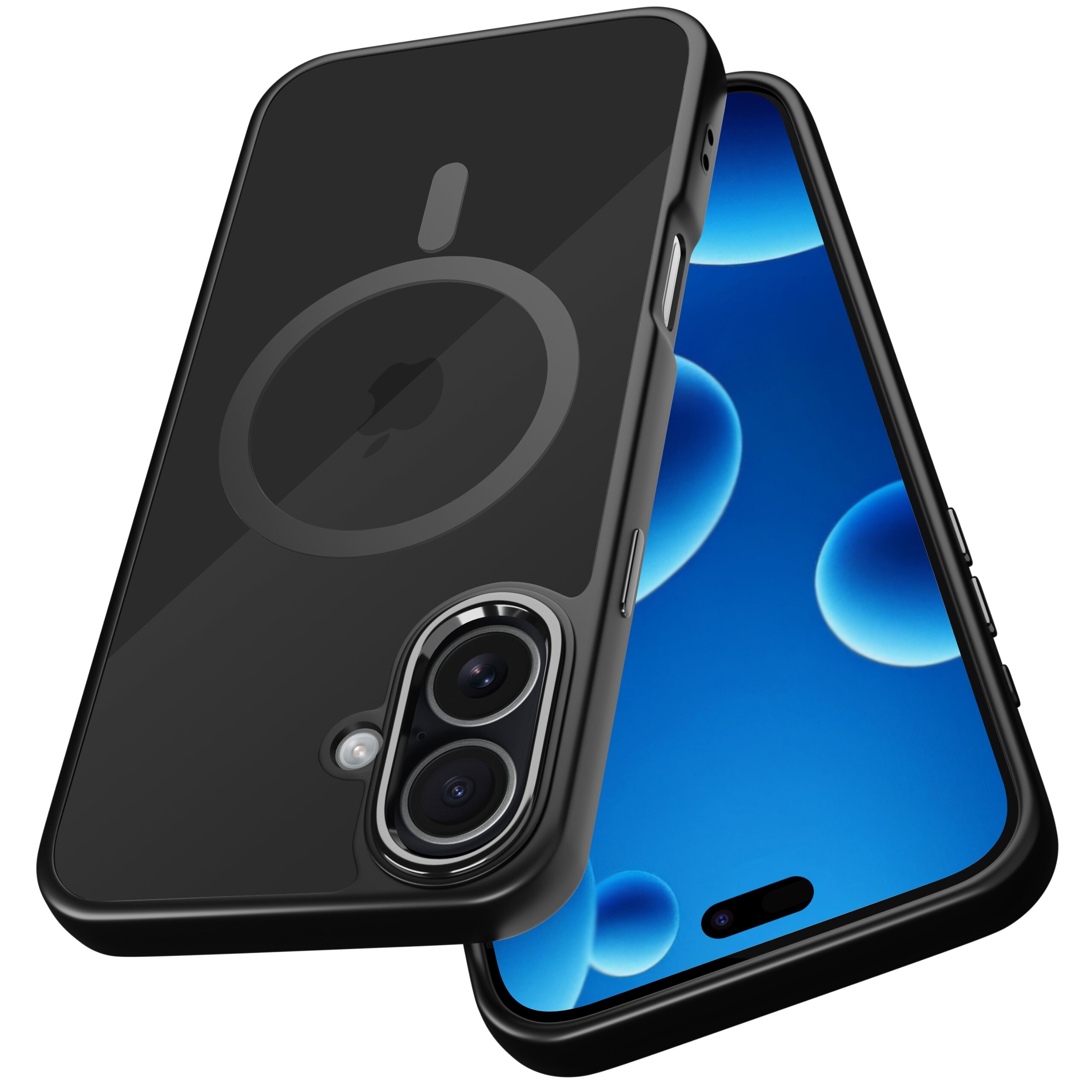 Czarne etui na telefon z widocznym okrągłym wzorem na środku oraz podwójnym aparatem fotograficznym. W tle ekran telefonu z niebieskimi bąbelkami na wyświetlaczu.