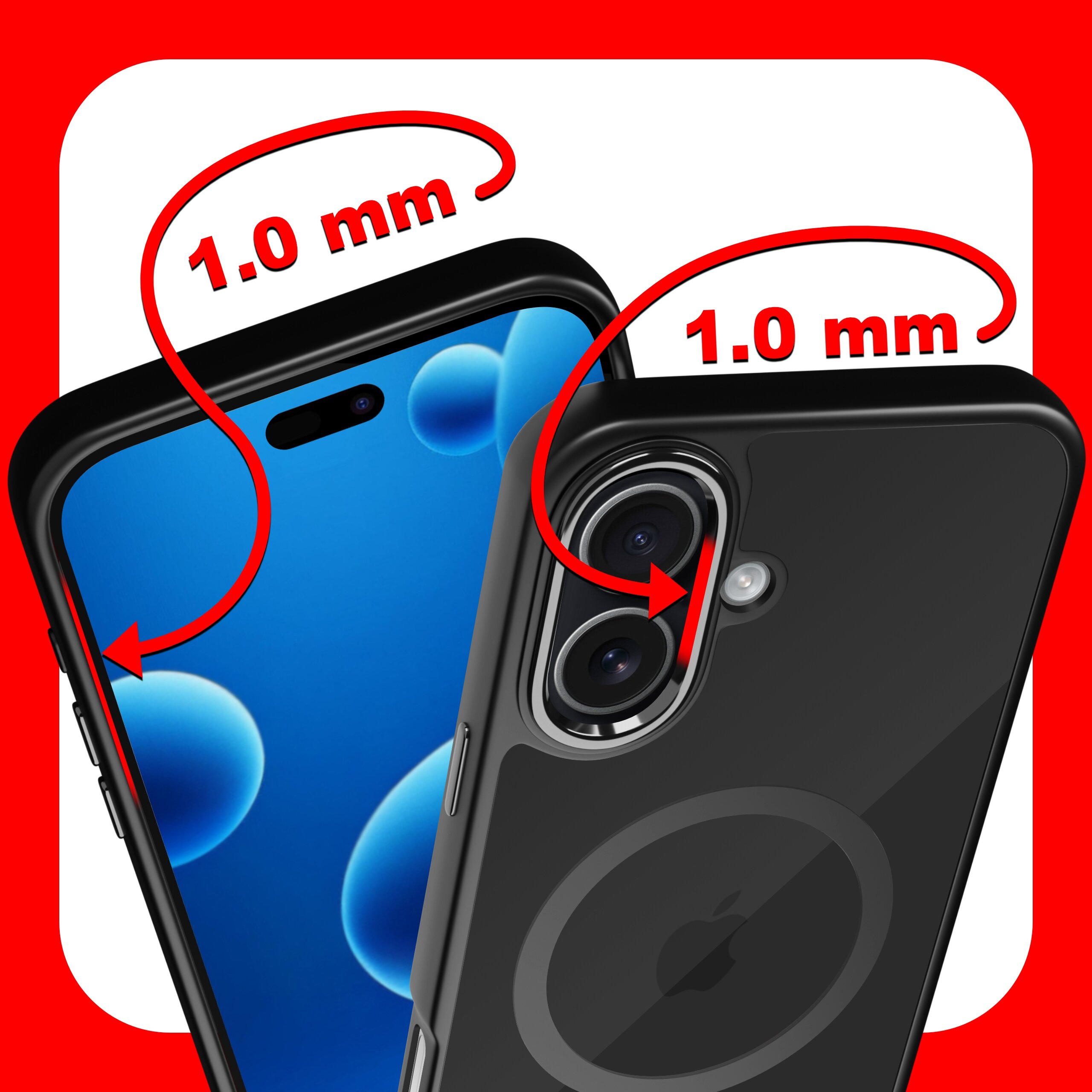 Obraz przedstawia etui na telefon z widocznymi aparatami i ekranem, z zaznaczoną grubością 1.0 mm. Tło jest czerwone, a na etui widoczny jest okrągły symbol wskazujący na kompatybilność z MagSafe.
