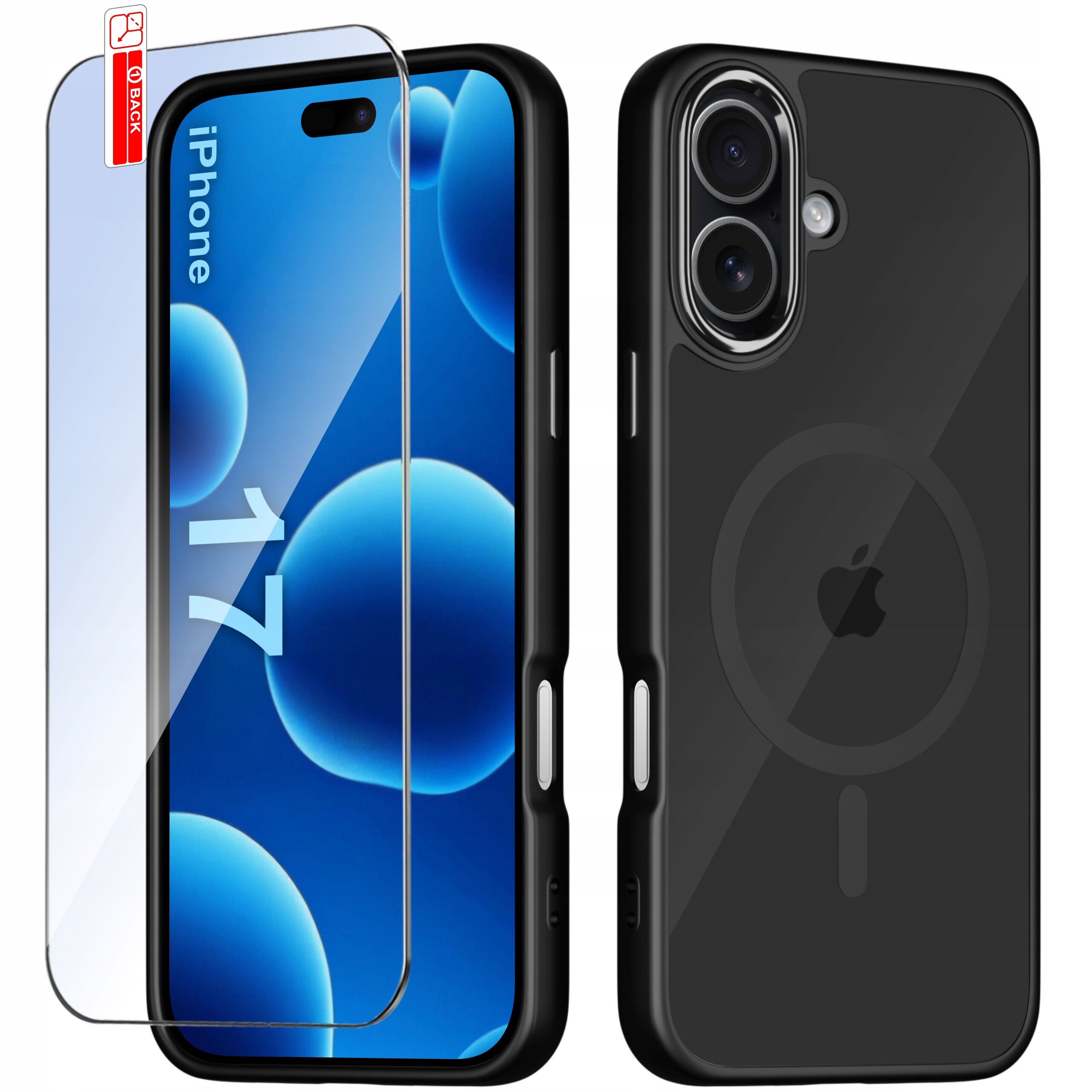 Obraz przedstawia etui do iPhone 17 z matowym wykończeniem i magnetycznym uchwytem, obok którego znajduje się szkło ochronne 9H. Na ekranie telefonu widoczny jest napis \'iPhone 17\'.
