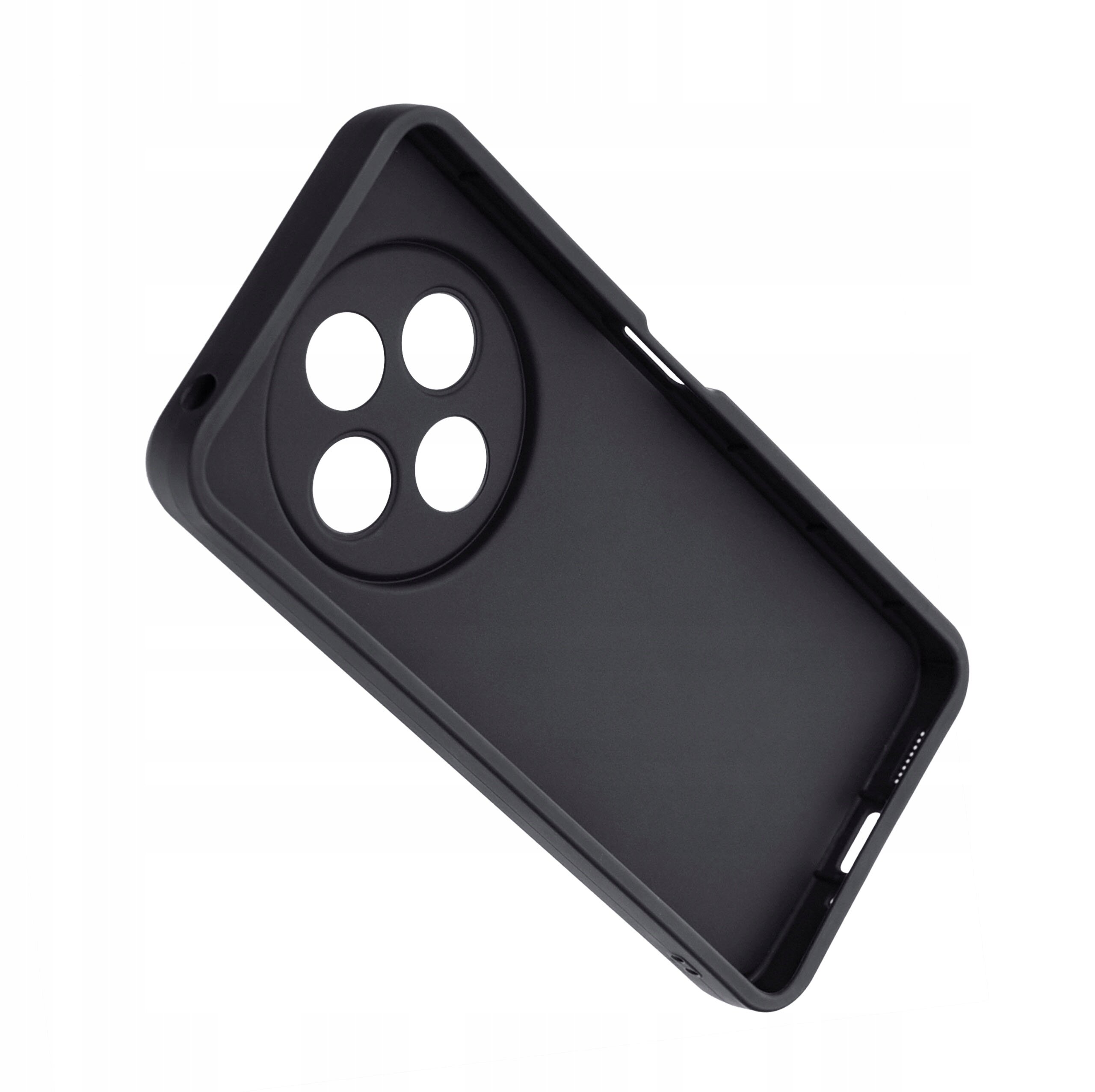 Czarne, matowe etui silikonowe z trzema okrągłymi otworami na aparat. Etui jest przeznaczone do telefonu Xiaomi Redmi 14C.