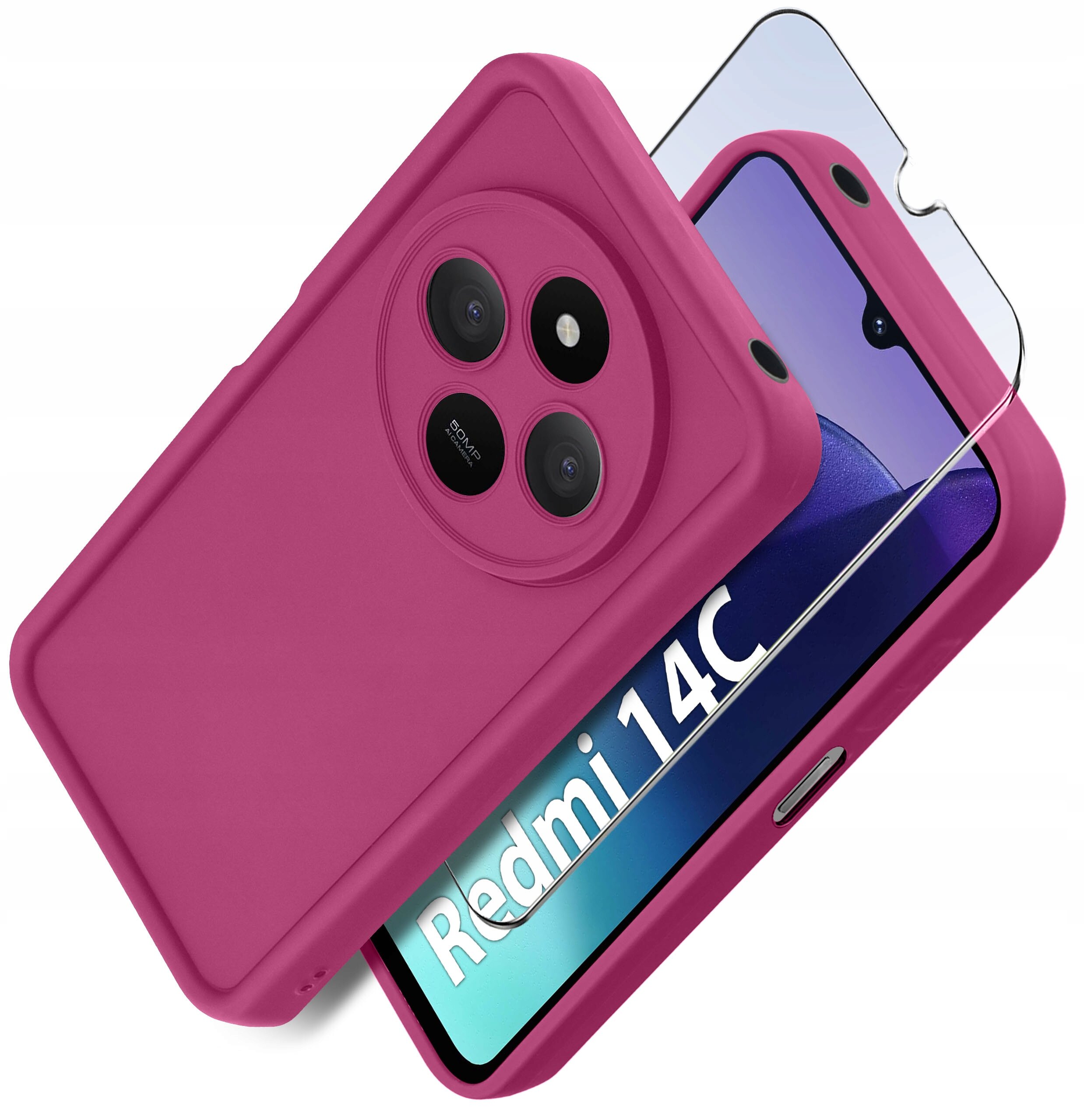 Na zdjęciu widoczne jest różowe silikonowe etui do telefonu Xiaomi Redmi 14C oraz szkło ochronne na ekran. Na ekranie telefonu widoczny jest napis \'Redmi 14C\'.