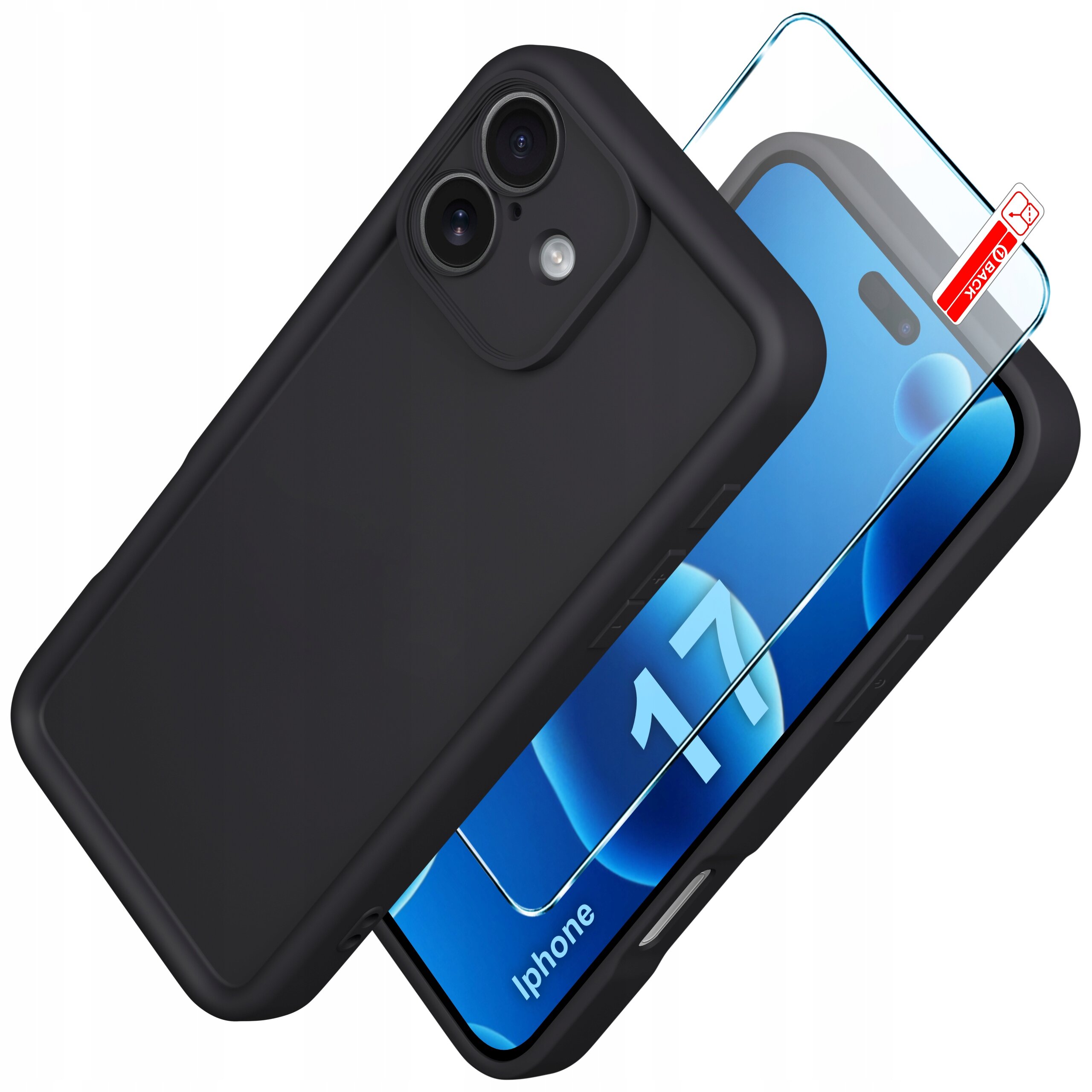Na obrazie widoczne jest czarne, matowe etui na telefon oraz szkło ochronne. Na ekranie telefonu widnieje napis \'Iphone 17\'.