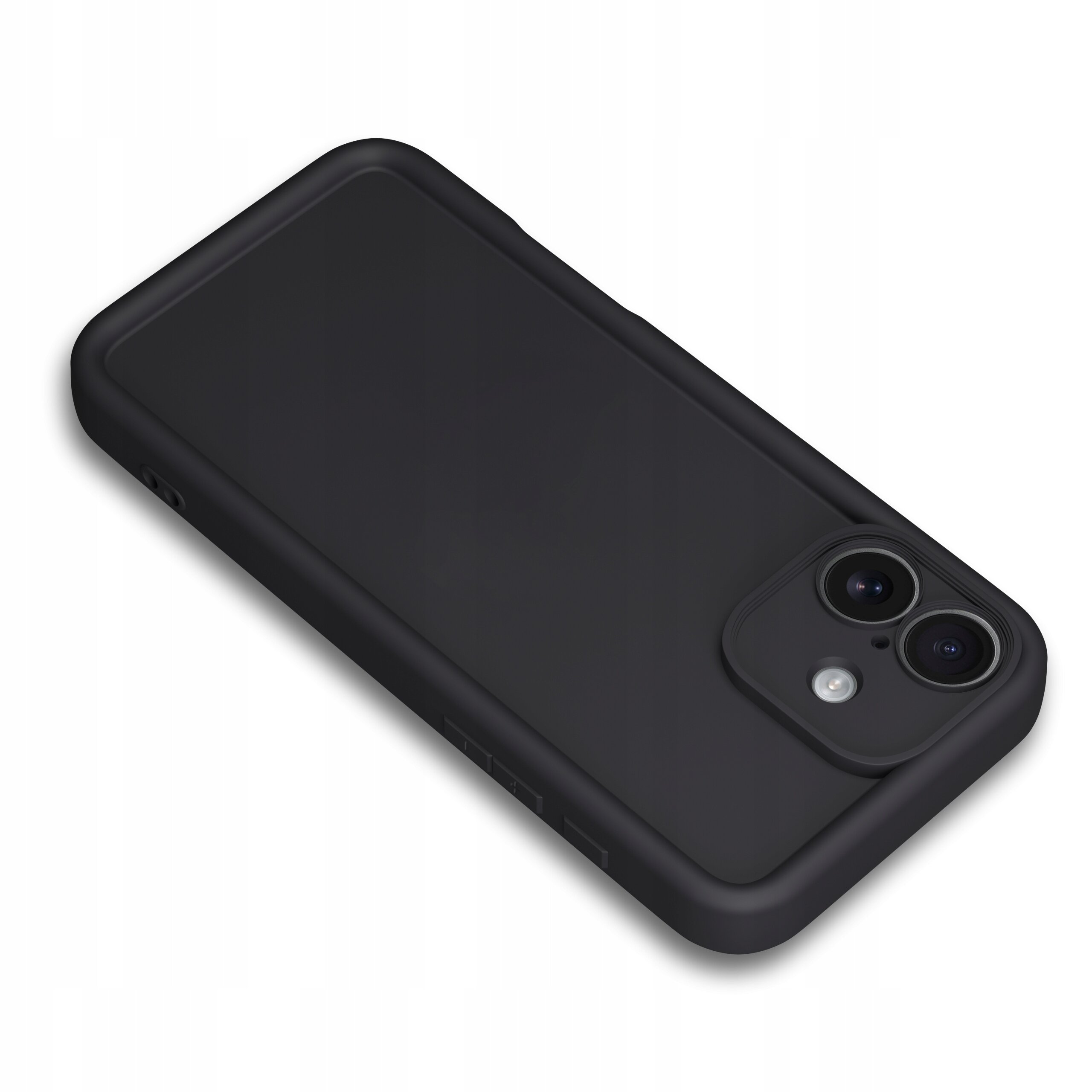 Czarne, matowe etui na telefon z dwoma otworami na aparat i jednym na lampę błyskową. Etui ma zaokrąglone krawędzie i gładką powierzchnię.