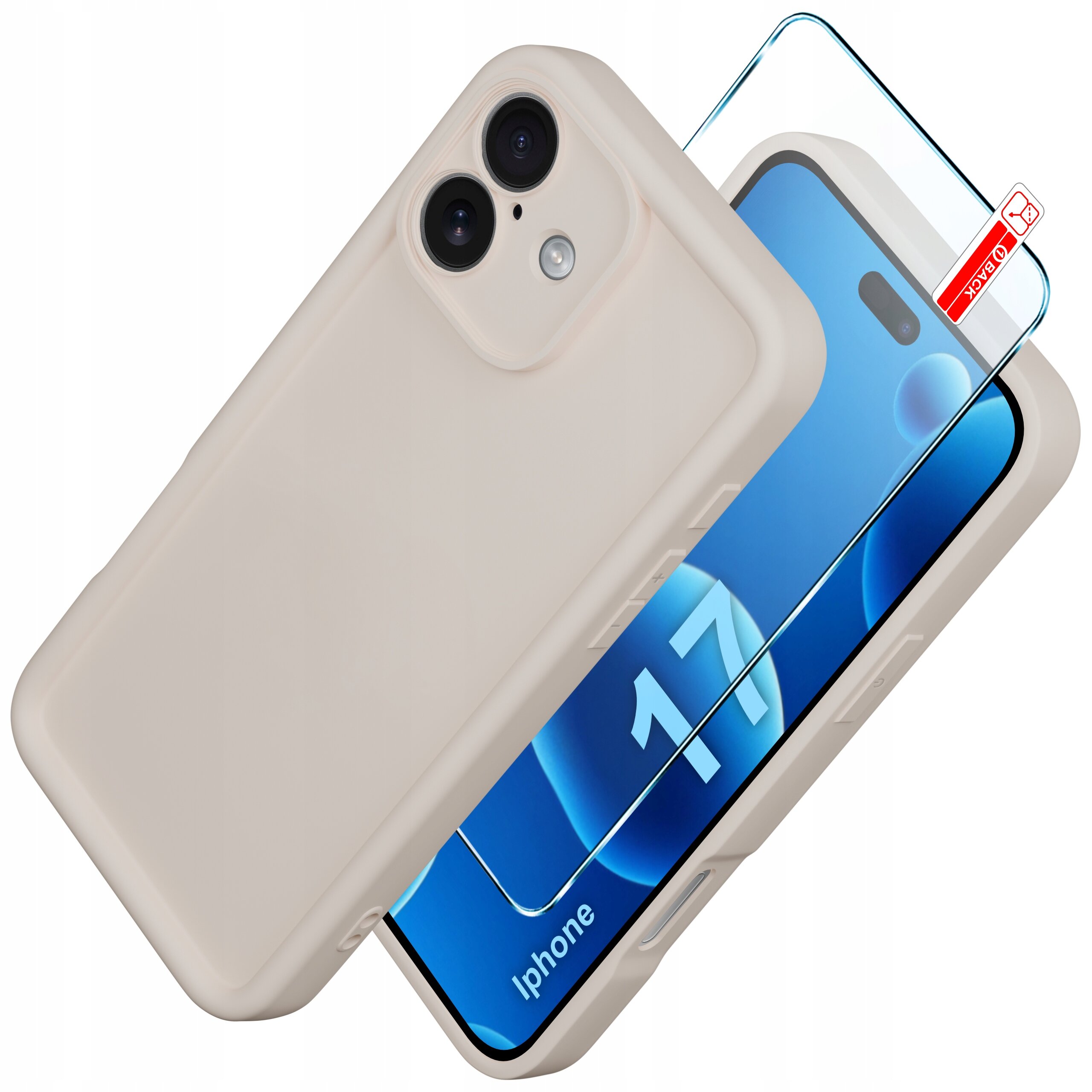Na obrazie widoczne jest silikonowe etui w jasnym kolorze oraz szkło ochronne na ekran telefonu z napisem \'iPhone 17\'.