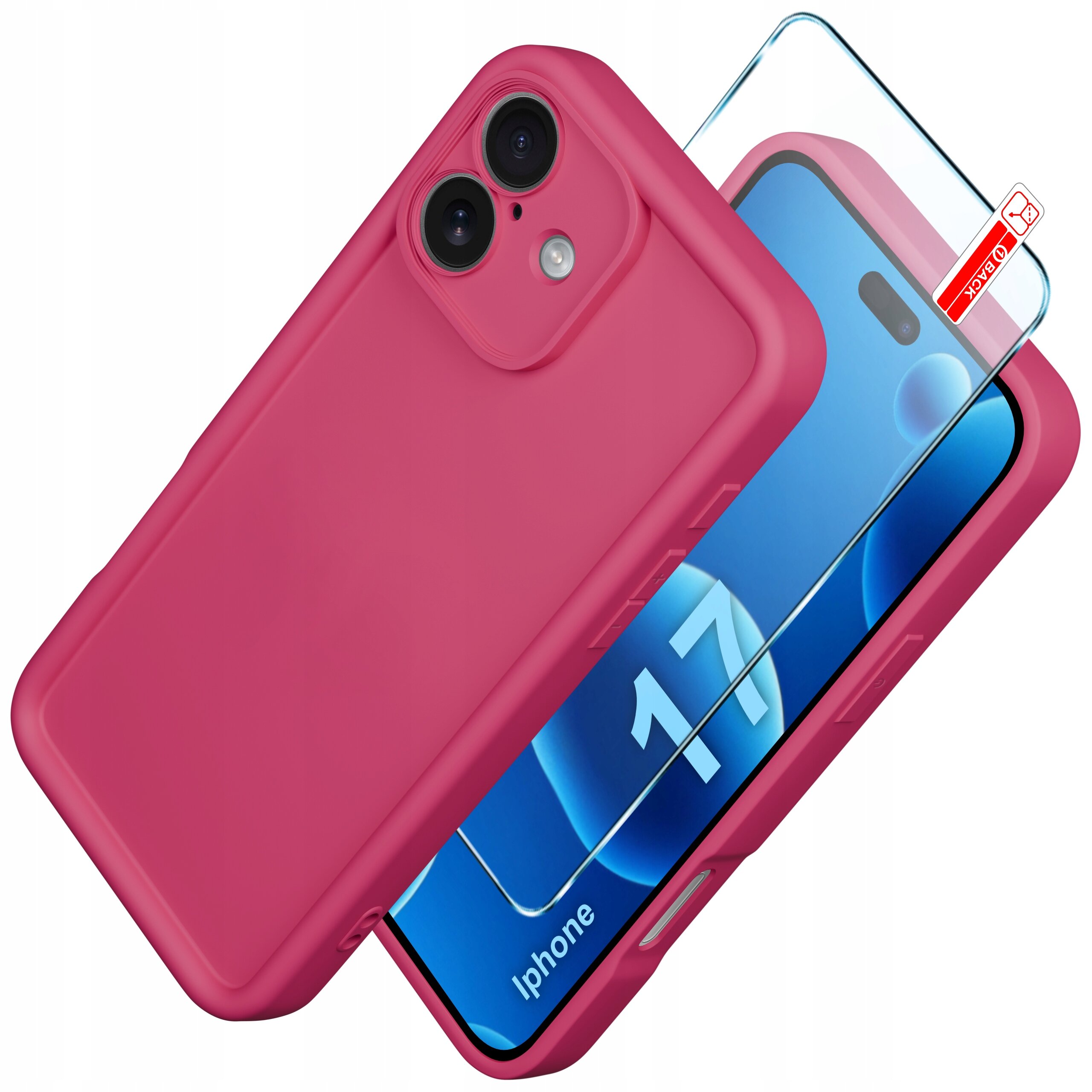 Na obrazie widoczne jest różowe, matowe etui silikonowe na telefon z dwoma otworami na aparat. Obok etui znajduje się szkło ochronne z oznaczeniem \'BACK\'.