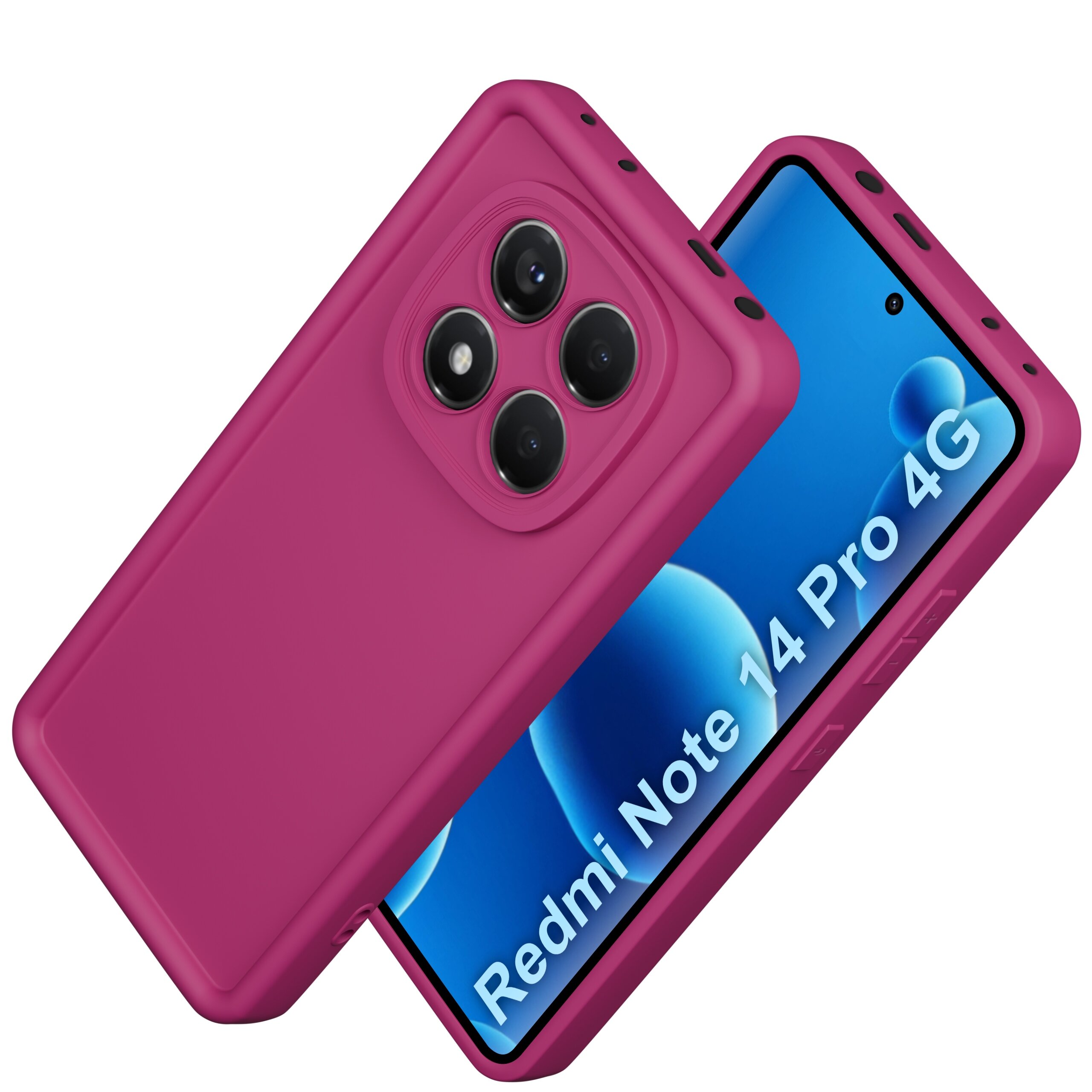 Silikonowe matowe etui w kolorze różowym na telefon Xiaomi Redmi Note 14 Pro 5G, z widocznymi wycięciami na aparat i przyciski. Na ekranie telefonu widoczny jest napis \'Redmi Note 14 Pro 5G\'.
