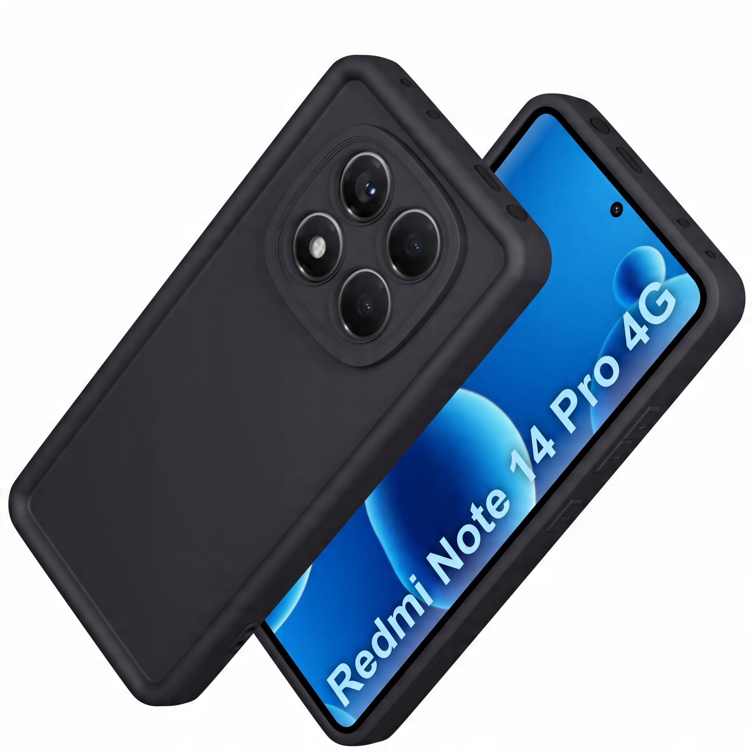 Na zdjęciu widoczne jest silikonowe, matowe etui do Xiaomi Redmi Note 14 Pro 4G, z dużym wycięciem na aparat oraz ekran telefonu z napisem \'Redmi Note 14 Pro 4G\'.