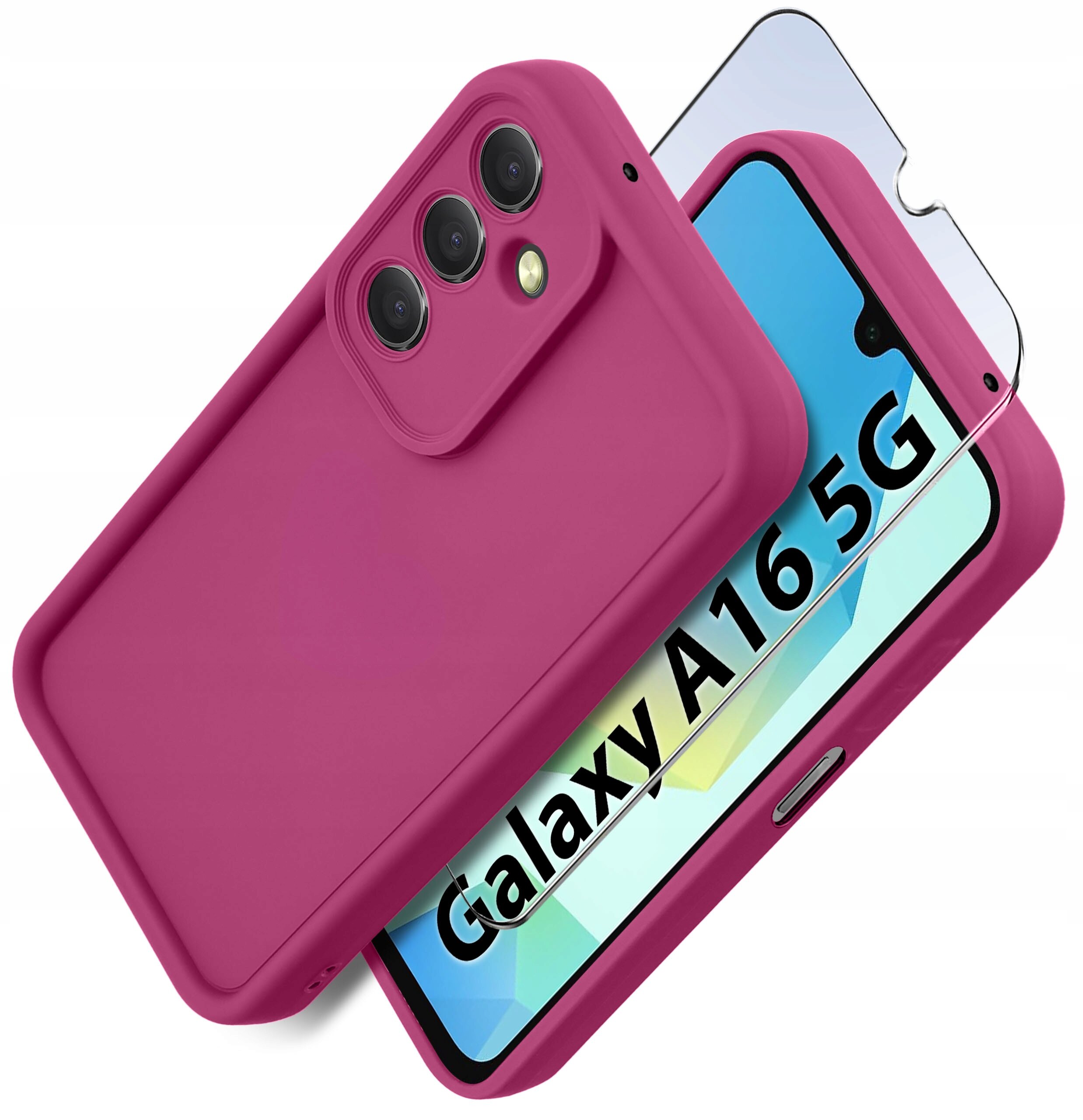 Na zdjęciu widoczne jest silikonowe etui w kolorze różowym oraz szkło ochronne na ekran, z napisem \'Galaxy A16 5G\'.