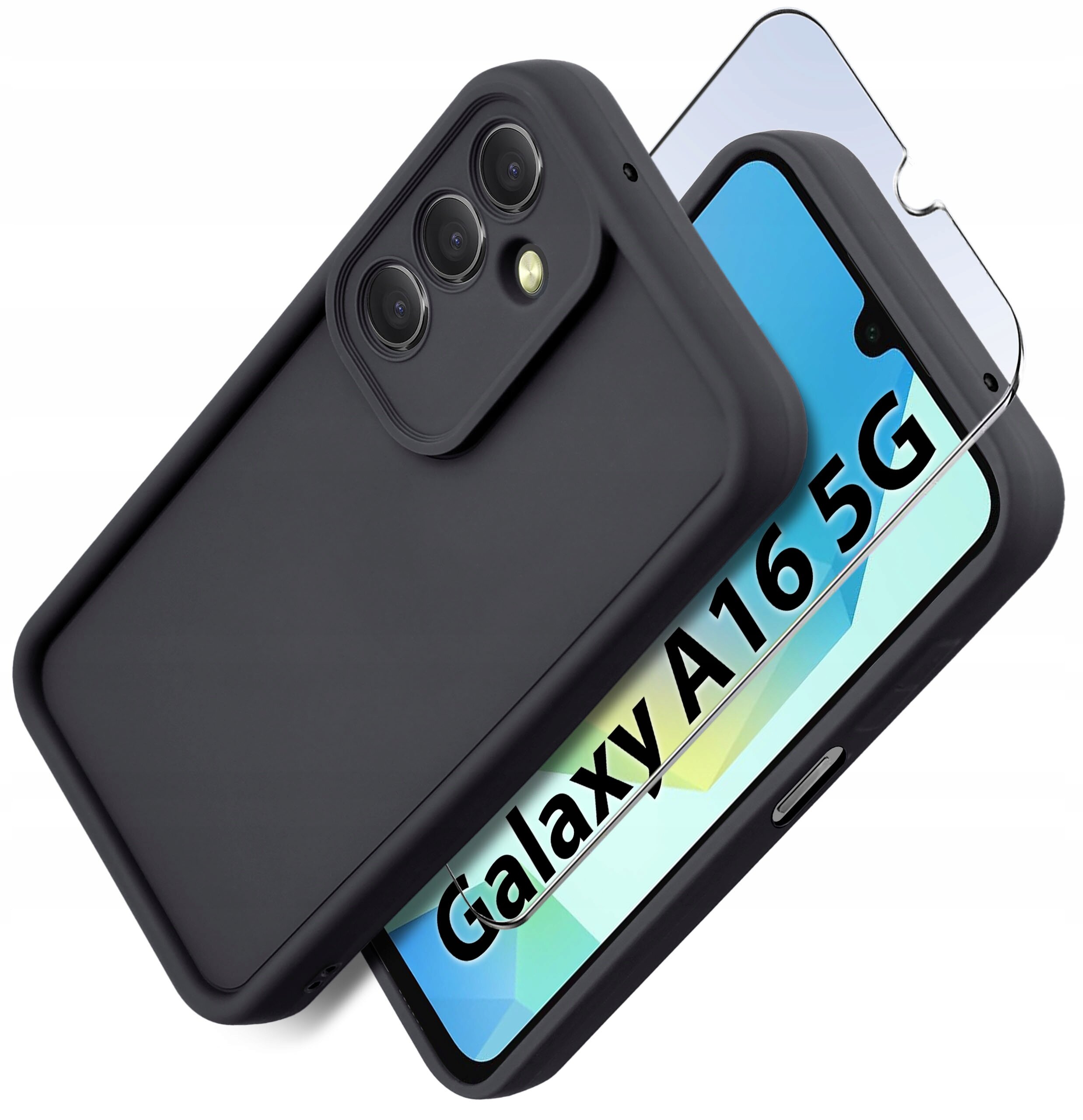 Czarne, matowe etui silikonowe do telefonu Samsung A16 5G z trzema wycięciami na aparat oraz szkło ochronne na ekran z napisem \'Galaxy A16 5G\'.