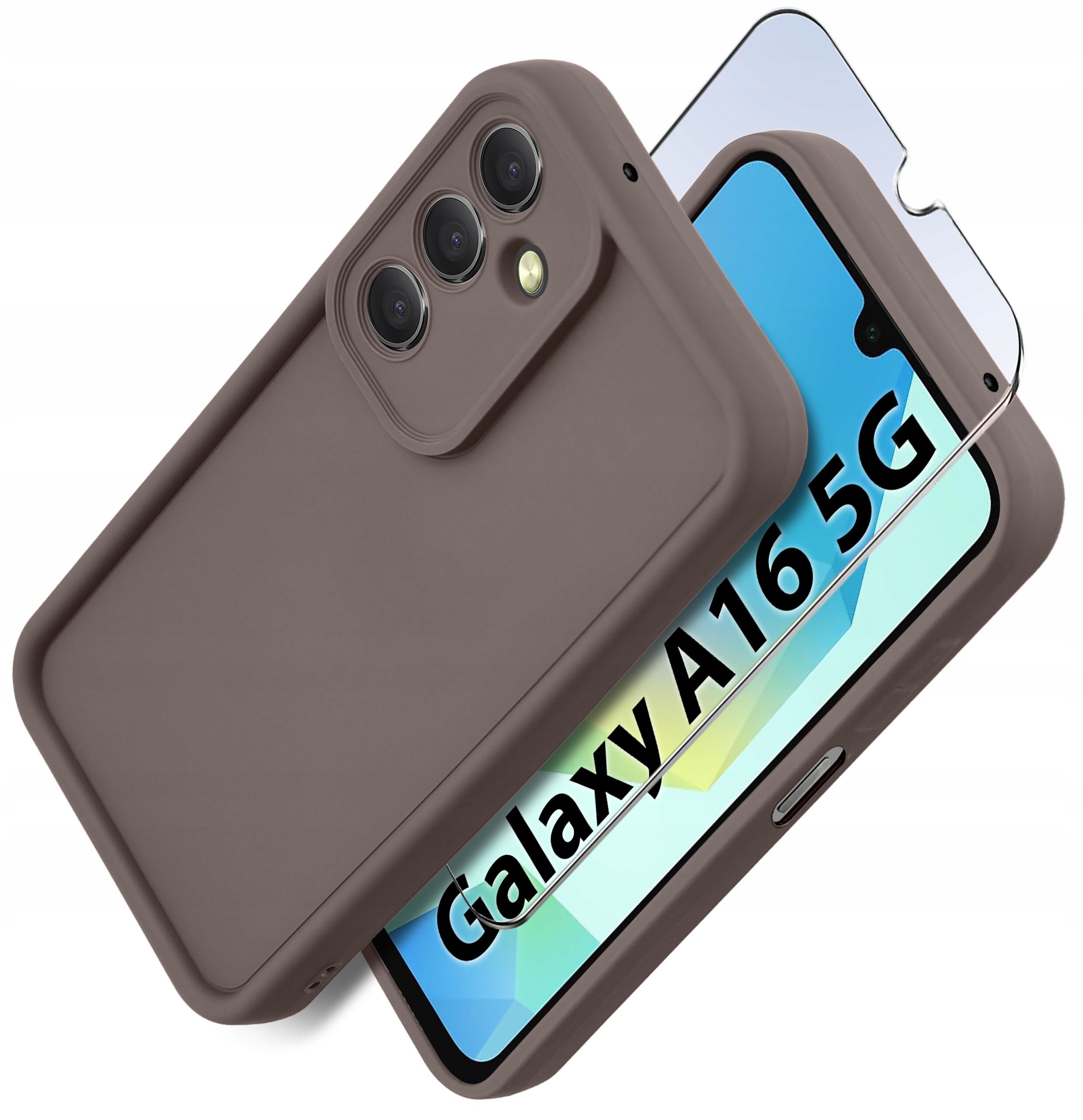 Na zdjęciu widoczne jest silikonowe etui do Samsung A16 5G w kolorze brązowym oraz szkło ochronne na ekran. Na ekranie telefonu widoczny jest napis \'Galaxy A16 5G\'.