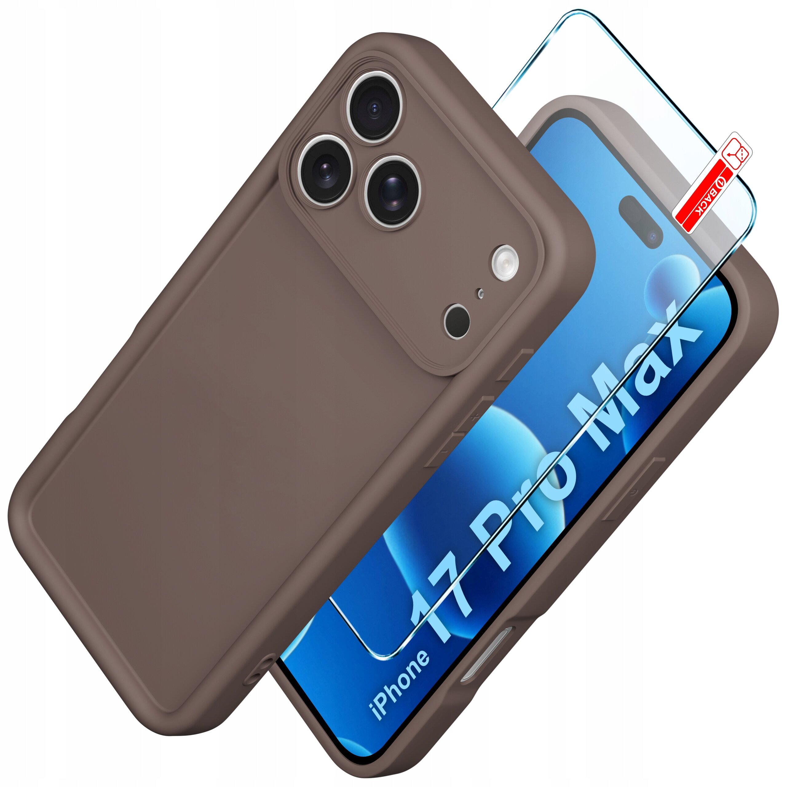 Obraz przedstawia brązowe silikonowe etui na telefon z trzema otworami na aparaty oraz szkło ochronne na ekran. Na ekranie widoczny jest napis \'17 Pro Max\'.