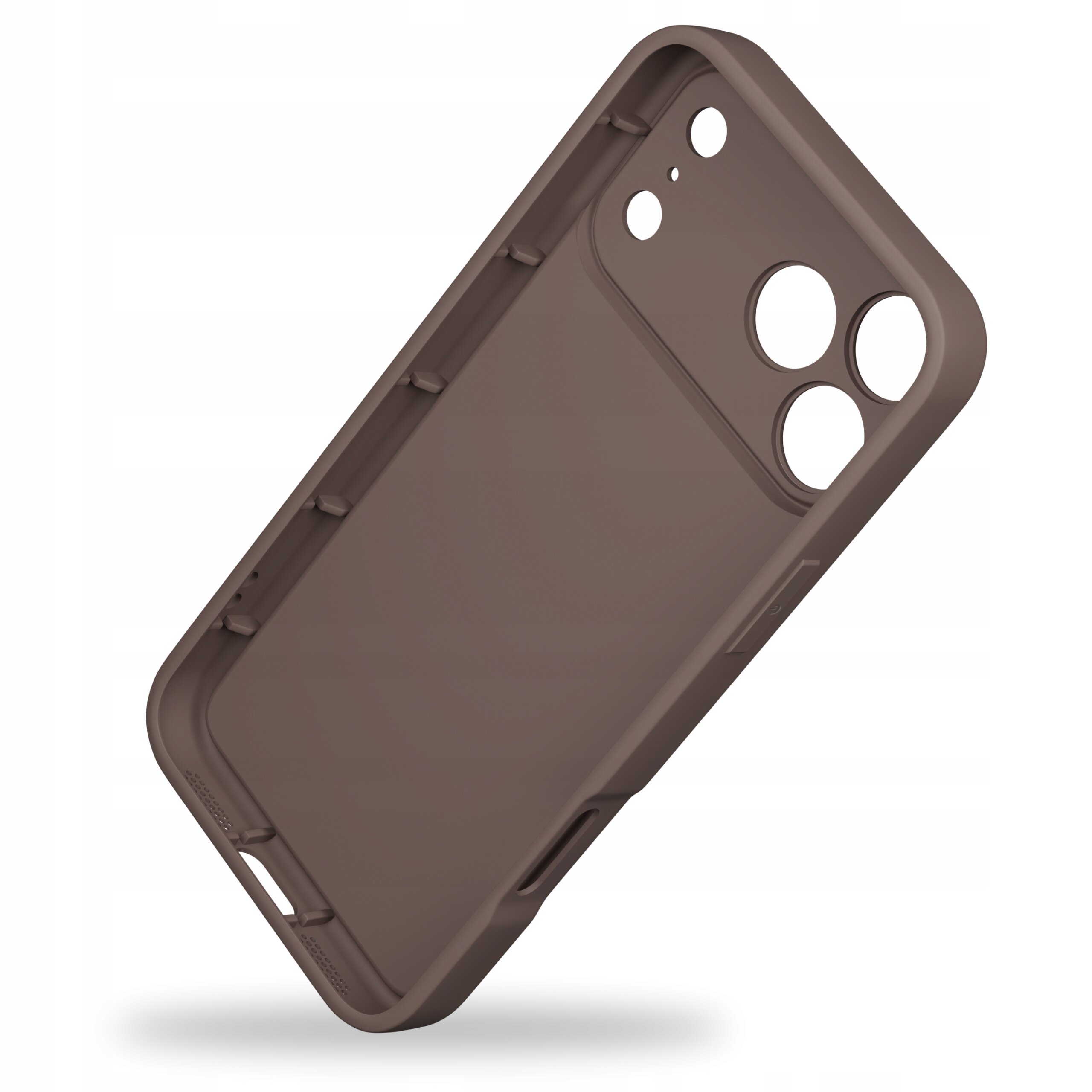 Brązowe, matowe etui silikonowe z wycięciami na aparat i przyciski, przeznaczone do telefonu iPhone 17 Pro Max.