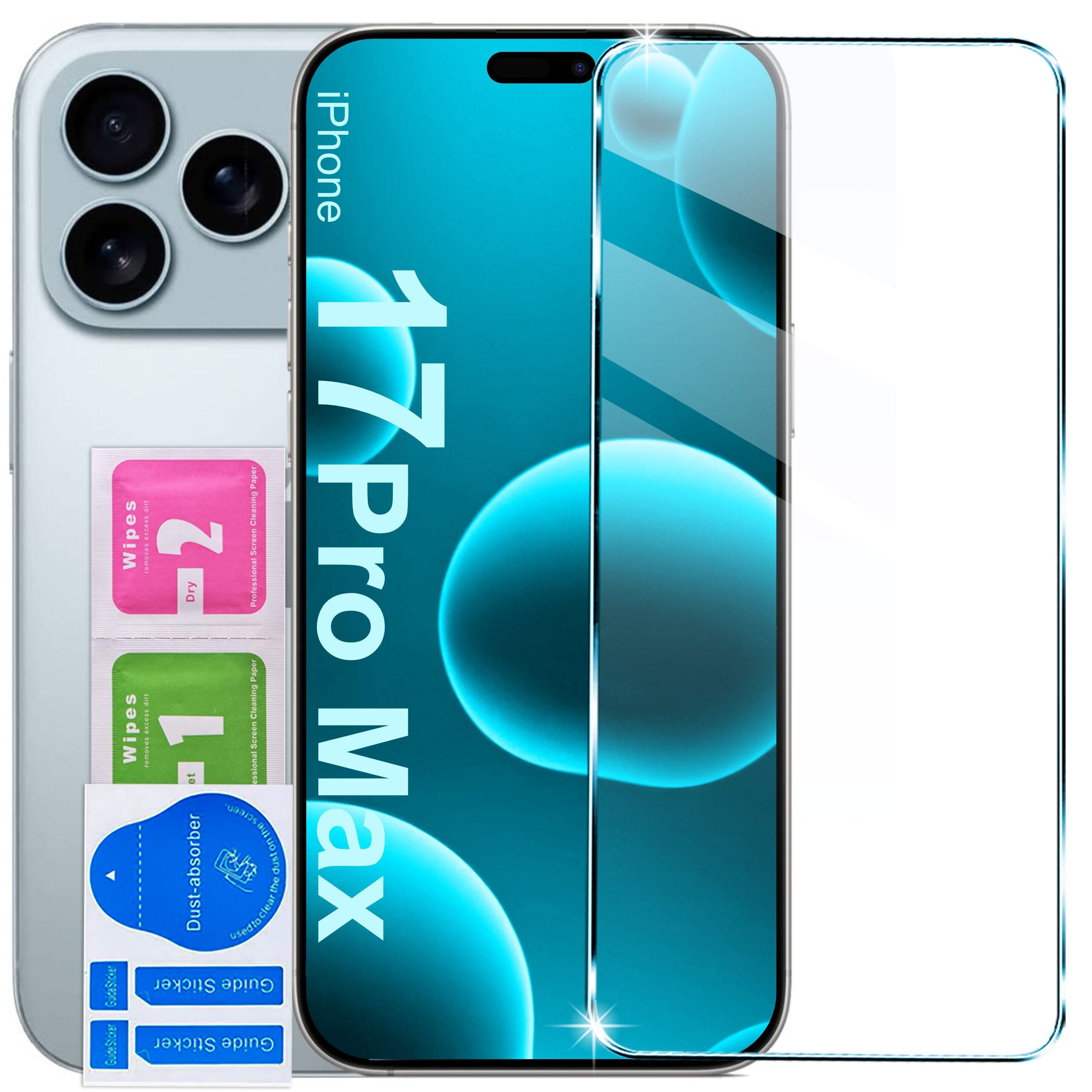 Na zdjęciu widoczne jest etui do iPhone 17 Pro Max z brokatowym wykończeniem oraz szkło ochronne 9H. Obok znajdują się kolorowe ściereczki do czyszczenia oznaczone jako \'Wipes 1 Wet\', \'Wipes 2 Dry\' oraz niebieska naklejka \'Dust Absorber\'.