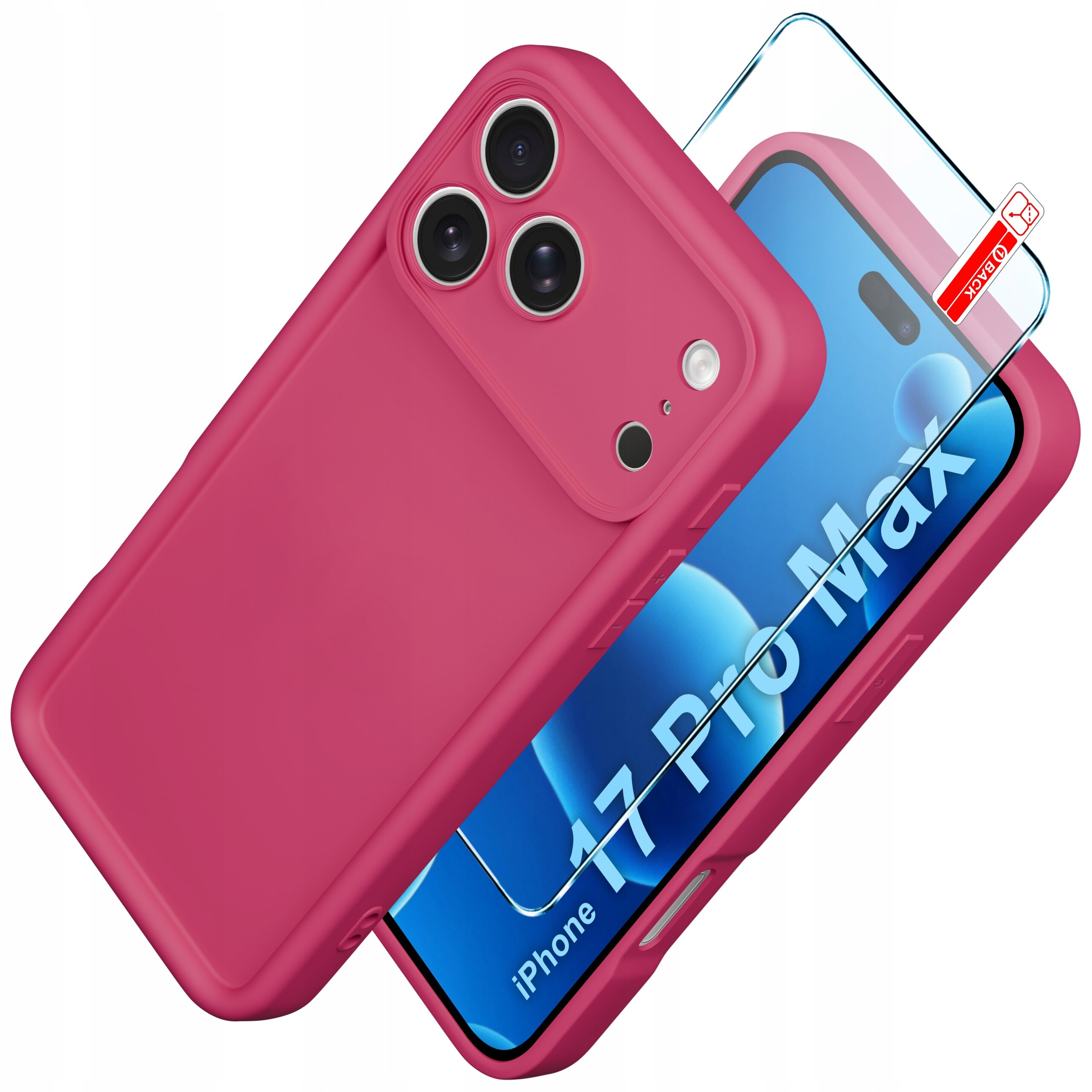 Na obrazie widoczne jest różowe, matowe etui na telefon z trzema otworami na aparaty oraz szkło ochronne. Na ekranie telefonu widoczny jest napis \'iPhone 17 Pro Max\'.