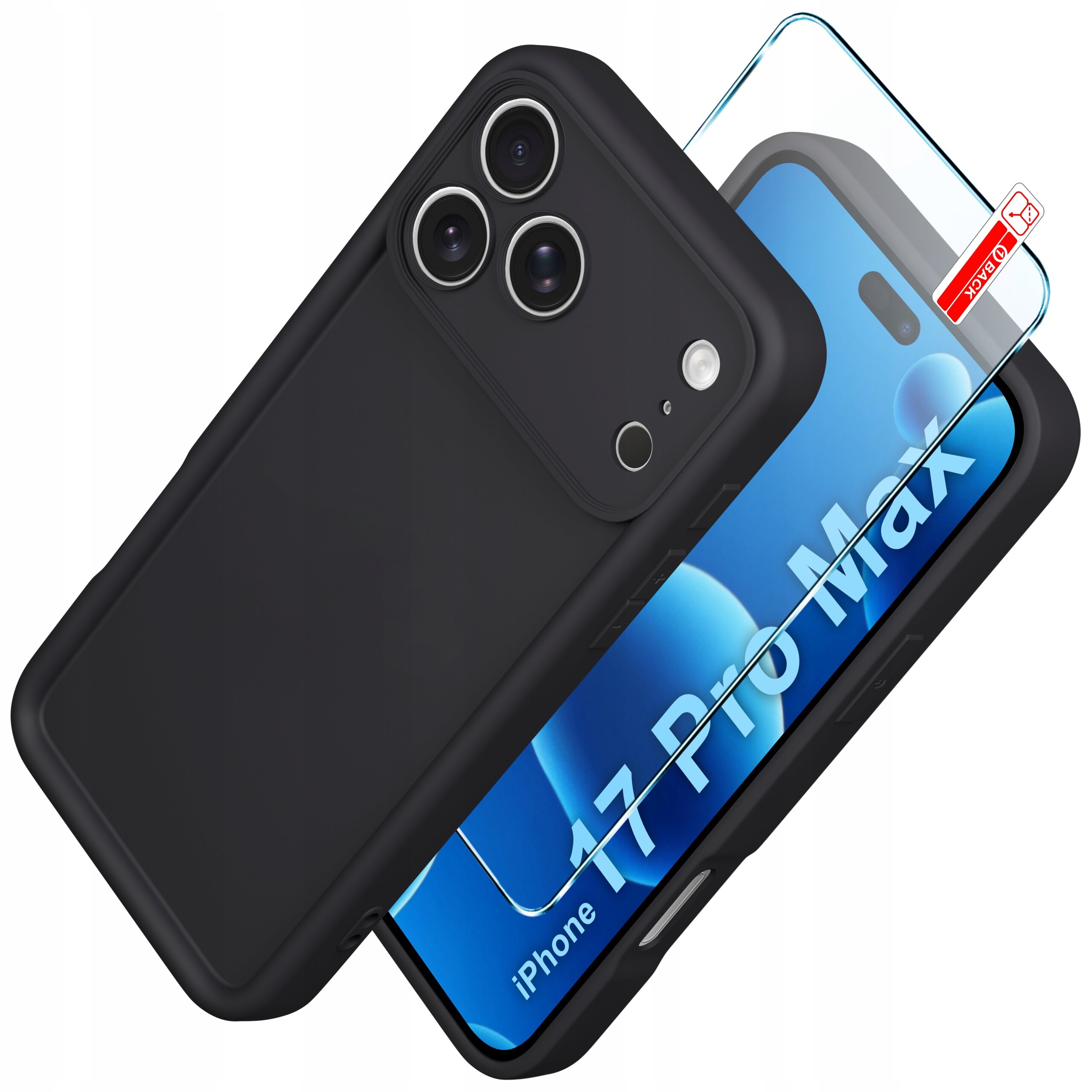 Na obrazie widoczne jest czarne, matowe etui na telefon z trzema otworami na aparaty oraz szkło ochronne. Na ekranie telefonu widoczny jest napis \'17 Pro Max\'.