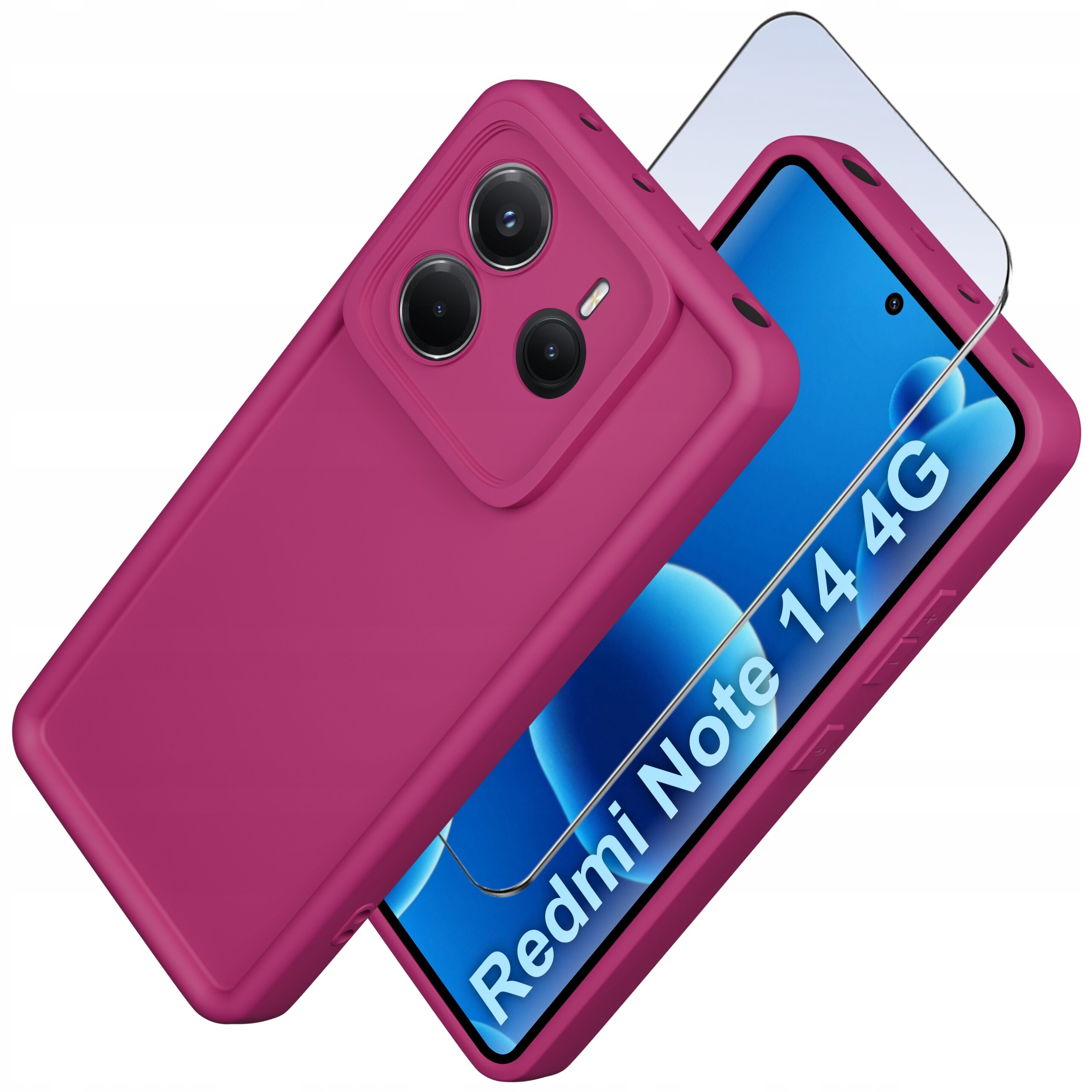 Na zdjęciu widoczne jest różowe silikonowe etui na telefon oraz szkło ochronne, z napisem \'Redmi Note 14 5G\' na ekranie urządzenia.