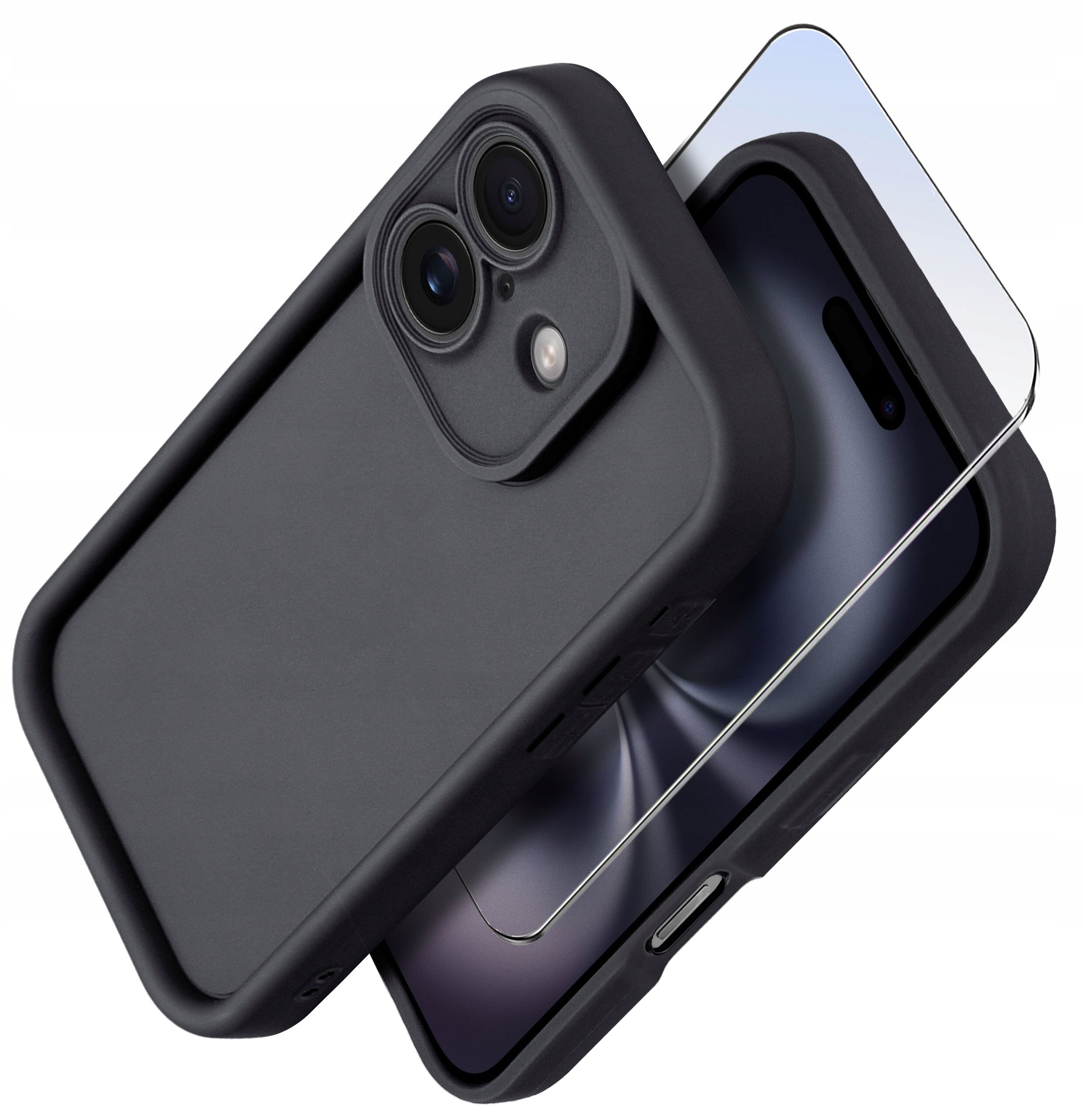 Czarne, matowe etui silikonowe na iPhone 16 z widocznym szkłem ochronnym na ekranie.