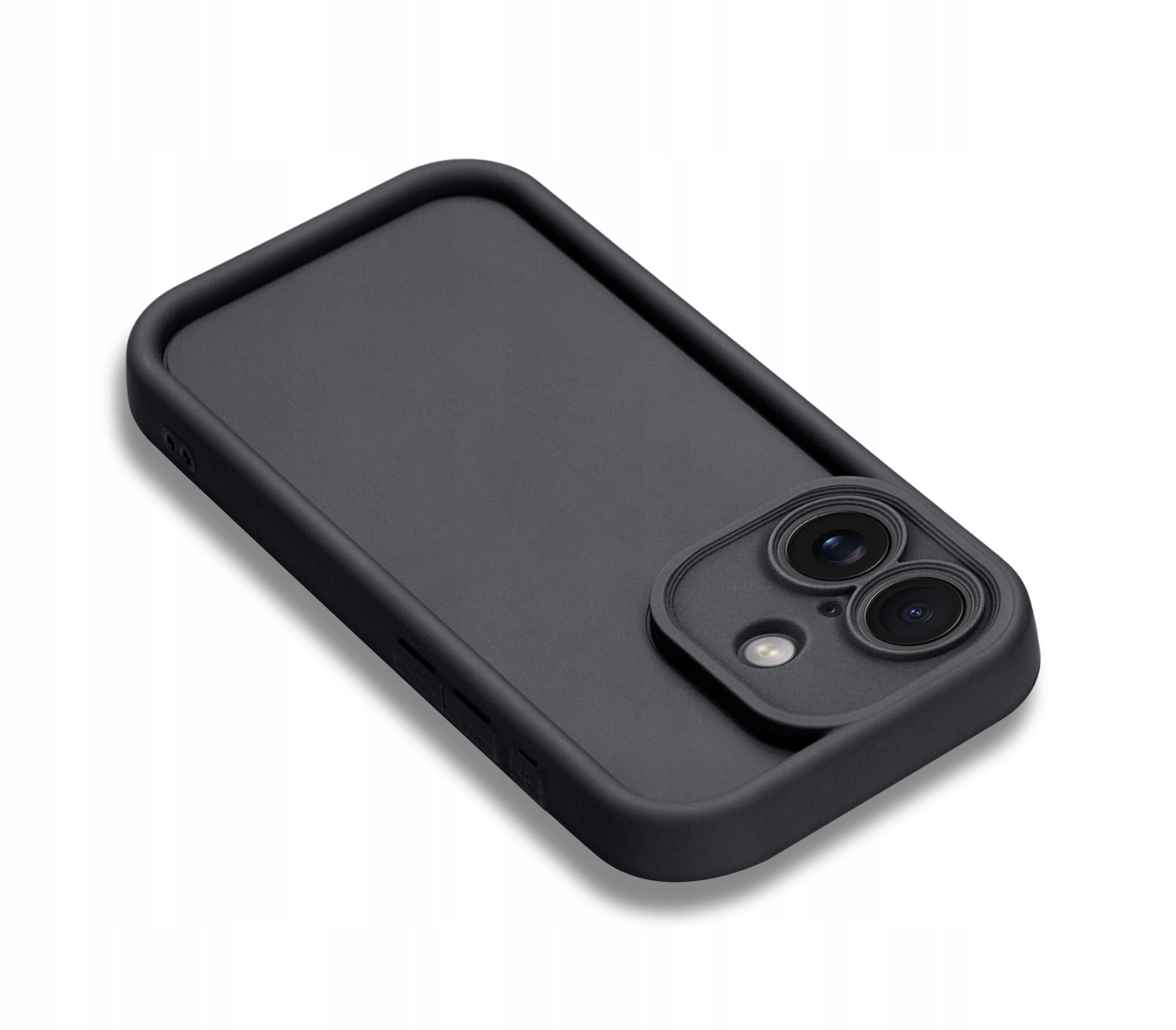 Czarne, matowe etui silikonowe z wycięciem na aparat, przeznaczone do iPhone 16. Etui posiada podwyższone krawędzie wokół aparatu dla dodatkowej ochrony.