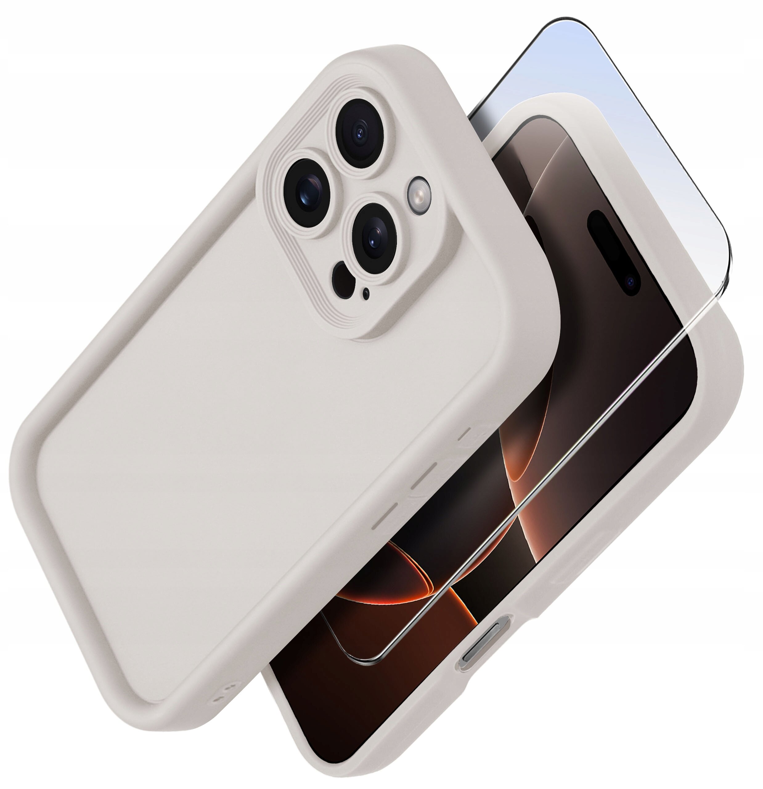 Na zdjęciu widoczne jest silikonowe etui w kolorze jasnym oraz szkło ochronne na ekran, przeznaczone do iPhone 16 Pro Max.
