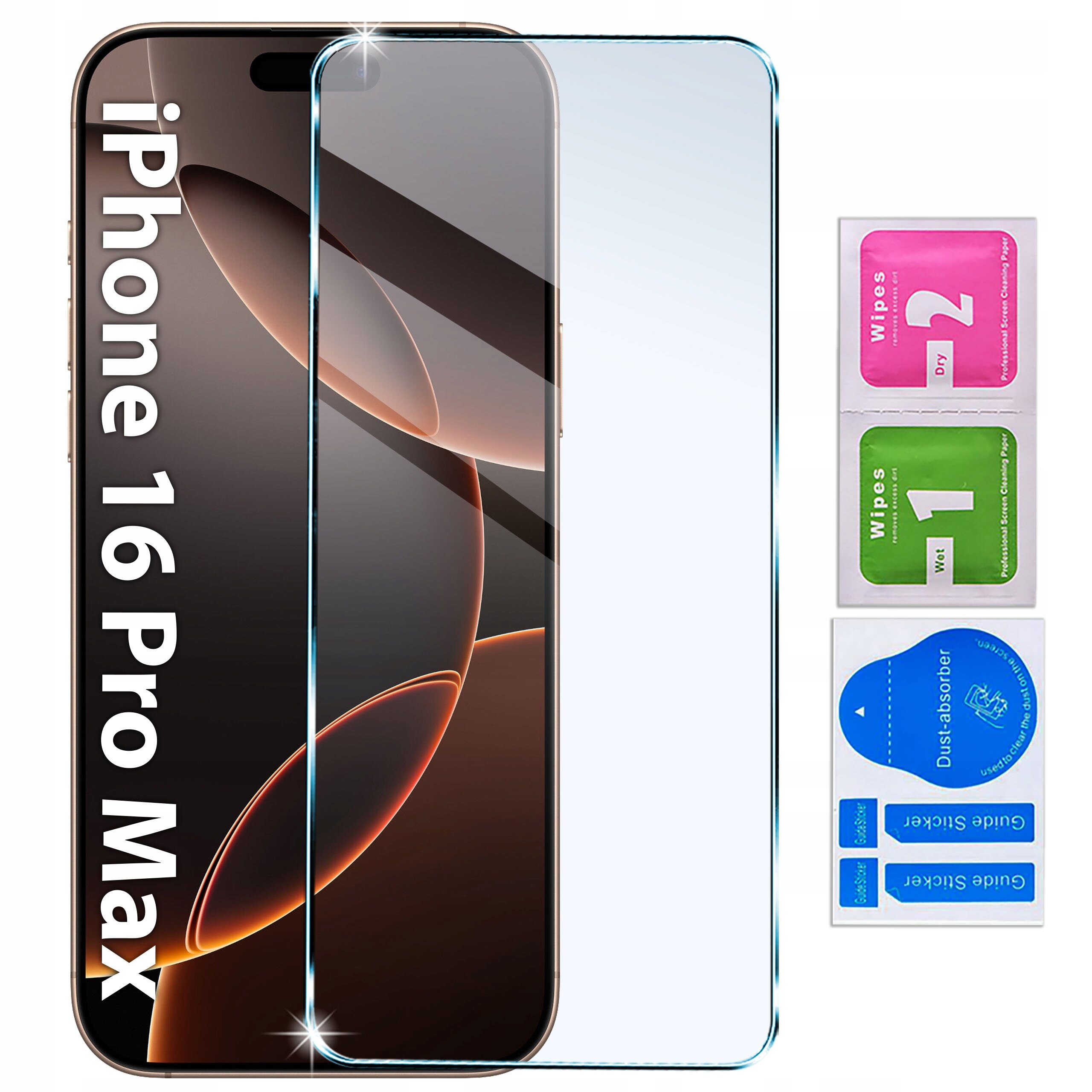 Zdjęcie przedstawia etui i szkło ochronne na telefon iPhone 16 Pro Max z widocznym napisem \'iPhone 16 Pro Max\' na ekranie. Obok znajdują się kolorowe opakowania z napisami \'Wipes 1 Wet\', \'Wipes 2 Dry\' oraz \'Dust absorber\'.