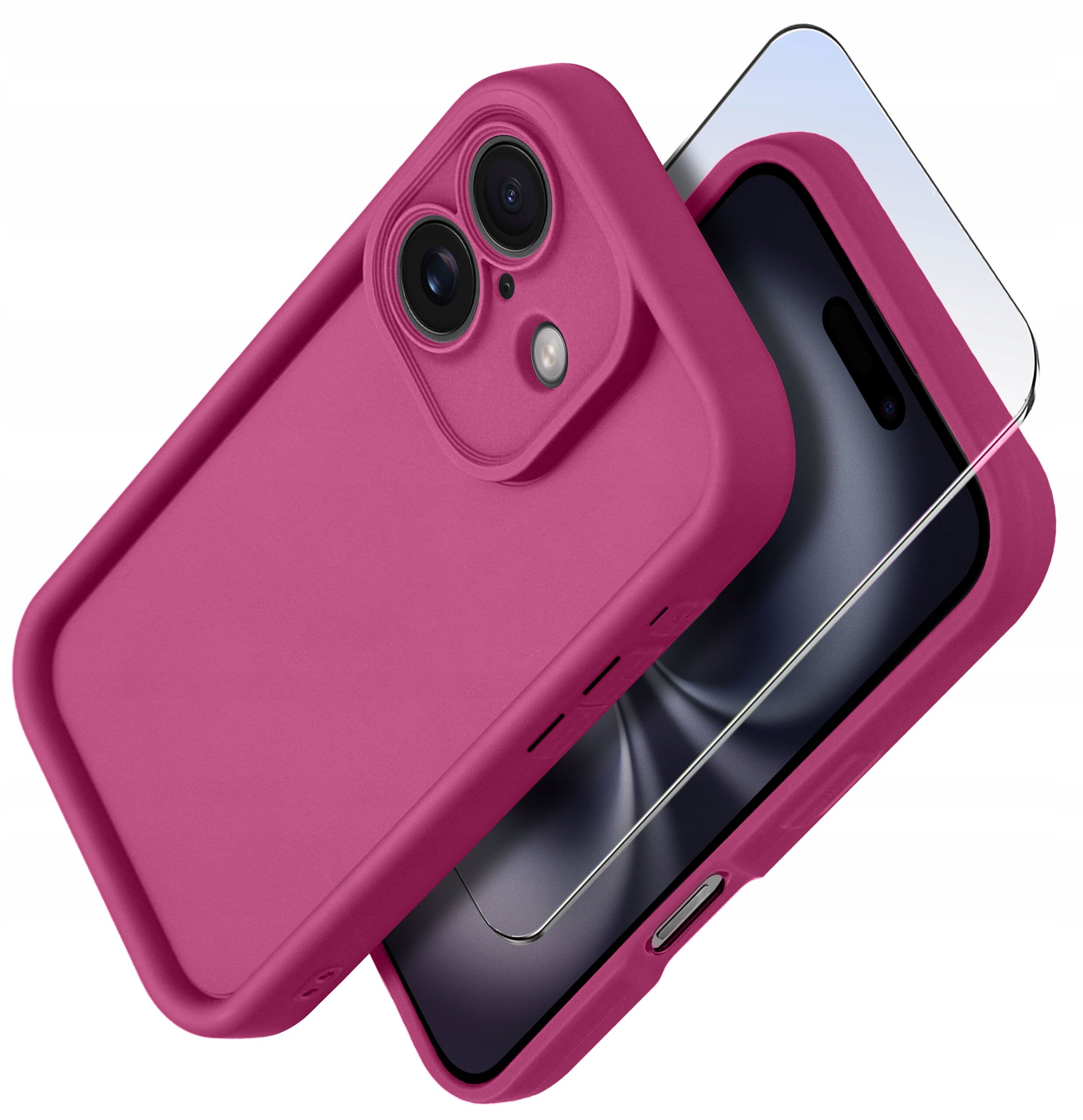 Na zdjęciu widoczne jest różowe silikonowe etui na telefon z dwoma otworami na aparat oraz szkło ochronne na ekran.