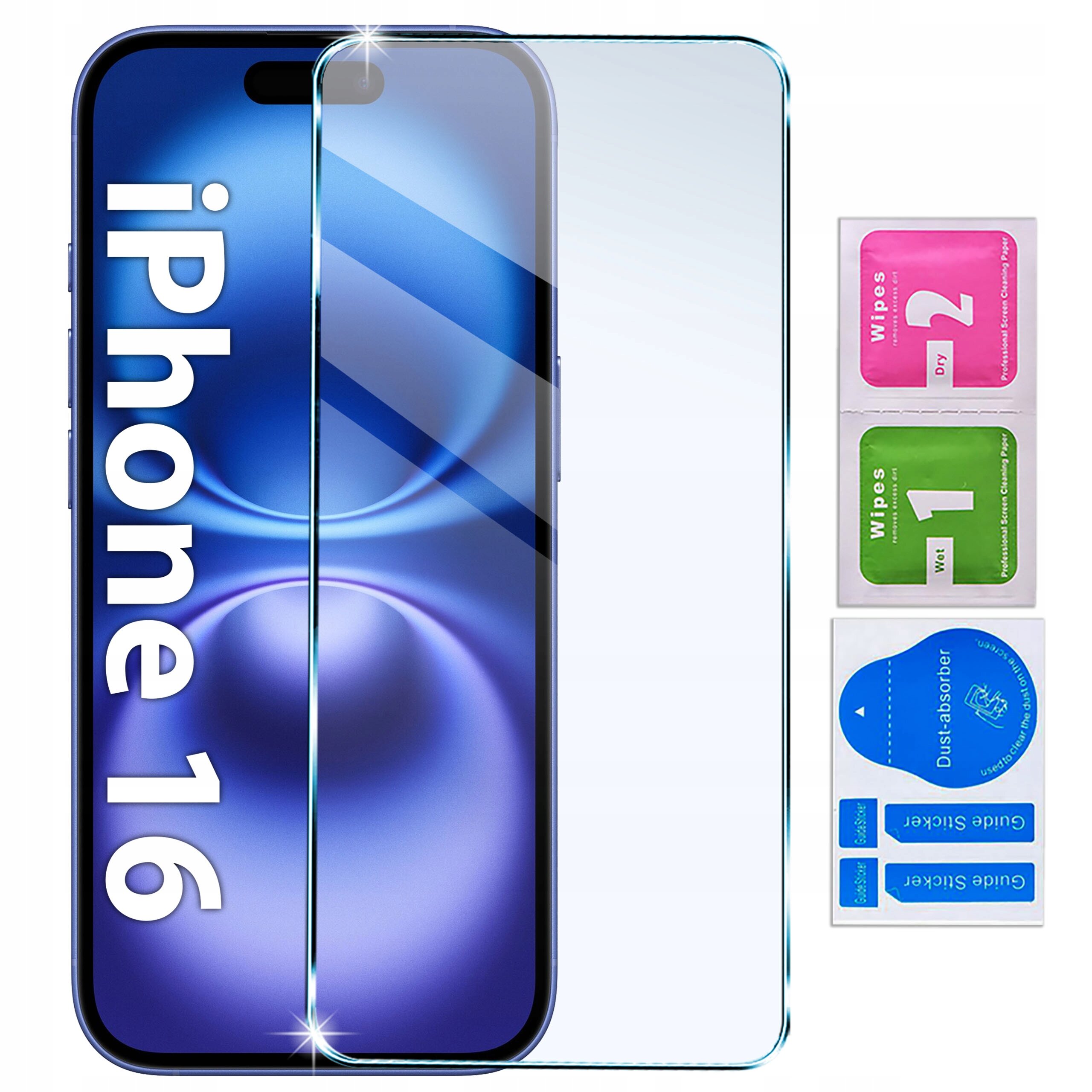 Na zdjęciu widoczny jest telefon z napisem \'iPhone 16\' oraz przezroczyste szkło ochronne. Obok znajdują się kolorowe ściereczki oznaczone jako \'Wipes 1\' i \'Wipes 2\', oraz niebieski naklejka \'Dust absorber\'.