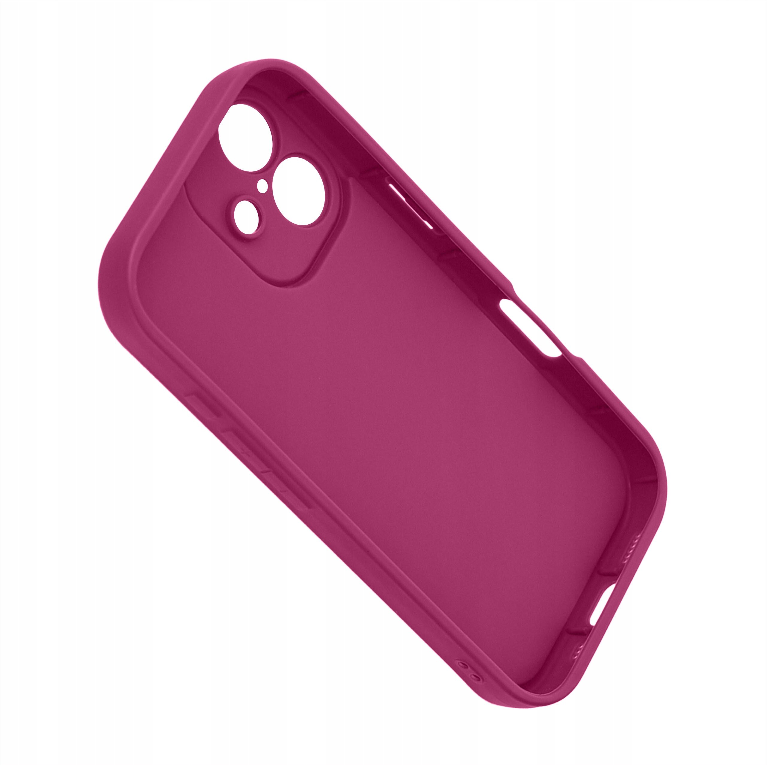 Silikonowe, matowe etui w kolorze różowym z wycięciami na aparat i przyciski, przeznaczone do iPhone 16.