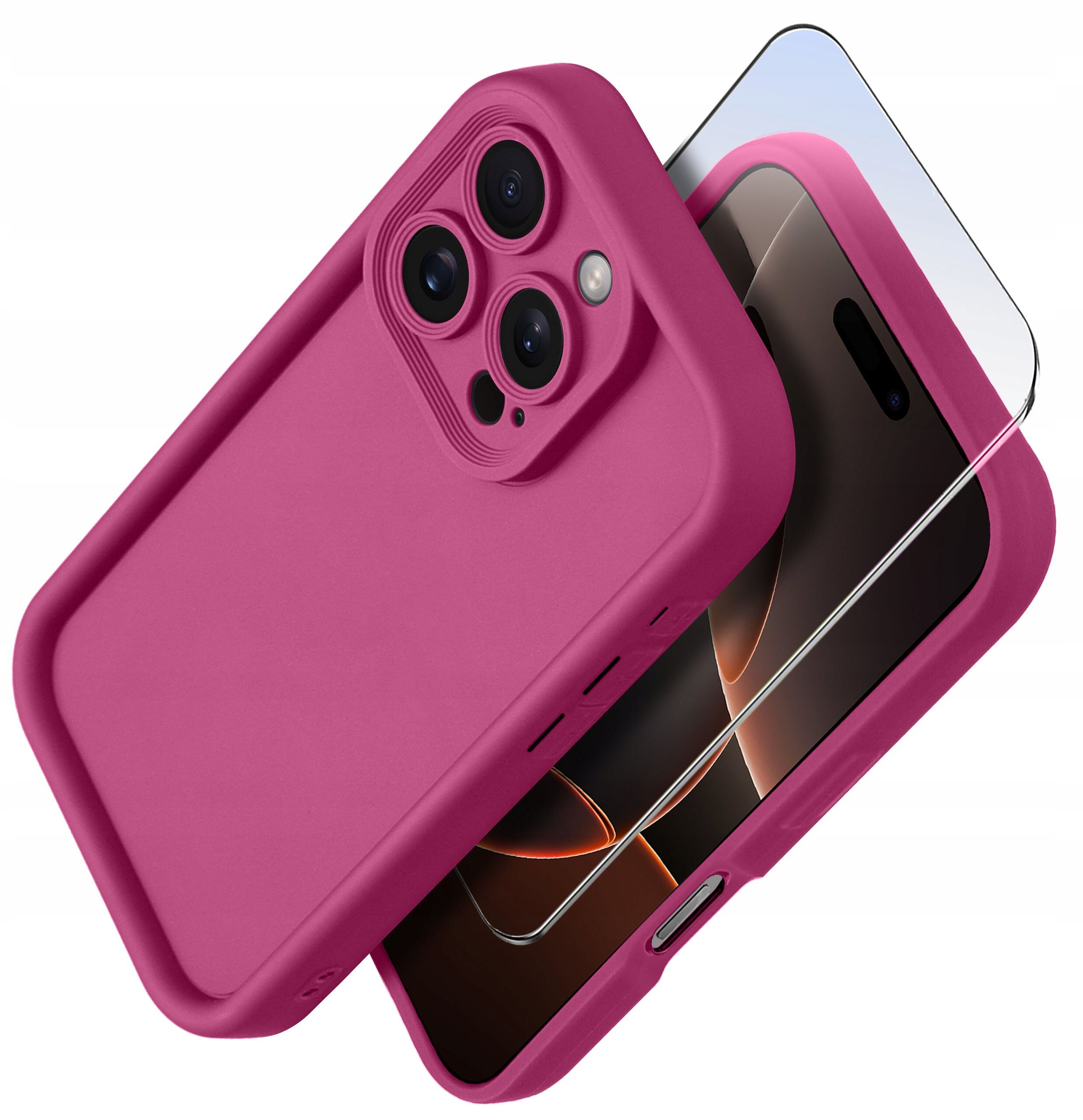 Na zdjęciu widoczne jest różowe silikonowe etui na iPhone 16 Pro oraz szkło ochronne na ekran. Produkt jest przedstawiony na białym tle.
