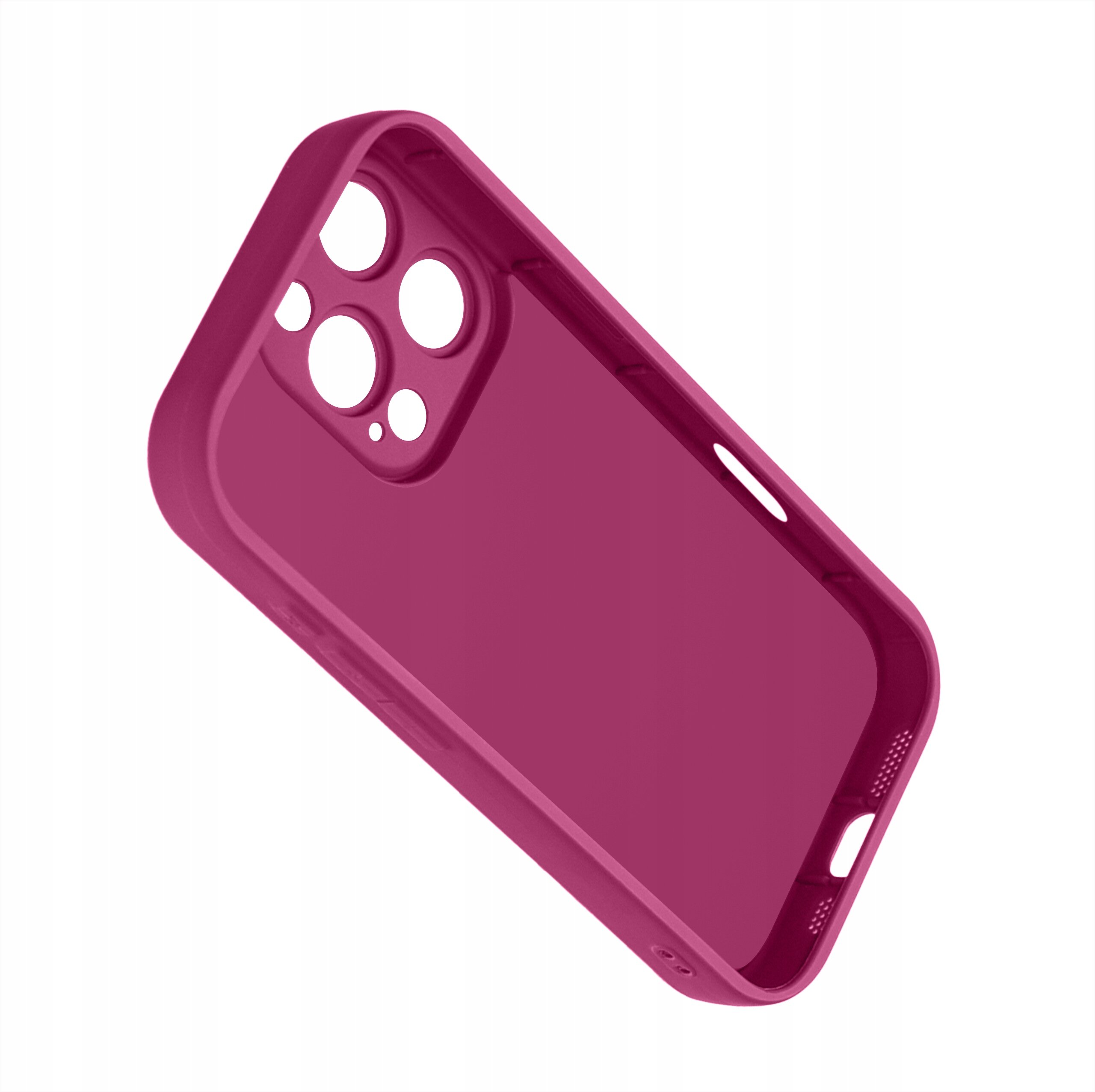 Różowe silikonowe etui na iPhone 16 Pro z wycięciami na aparat i przyciski, widoczne na białym tle.