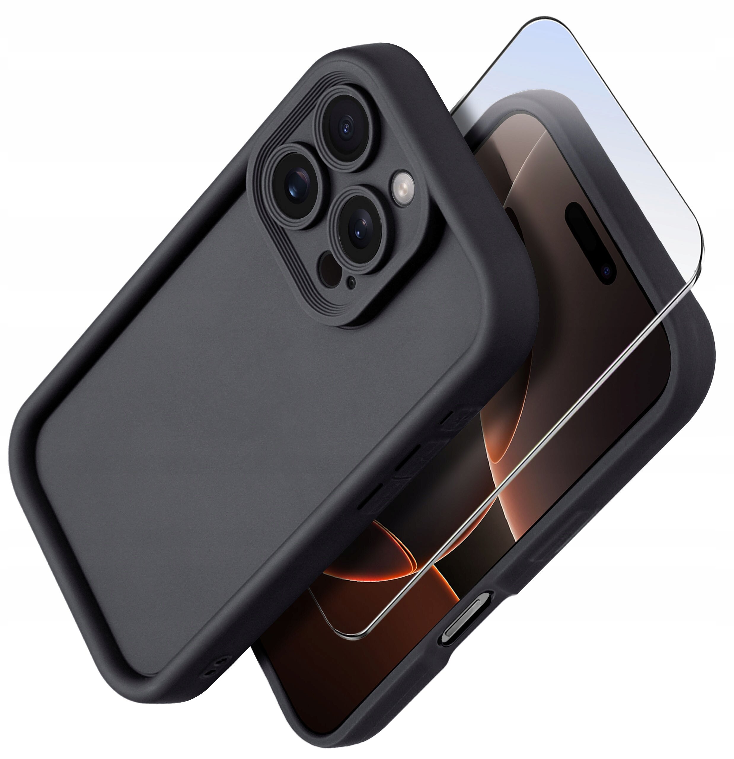 Czarne, matowe etui silikonowe na iPhone 16 Pro z trzema otworami na aparat oraz szkło ochronne na ekran 9H.