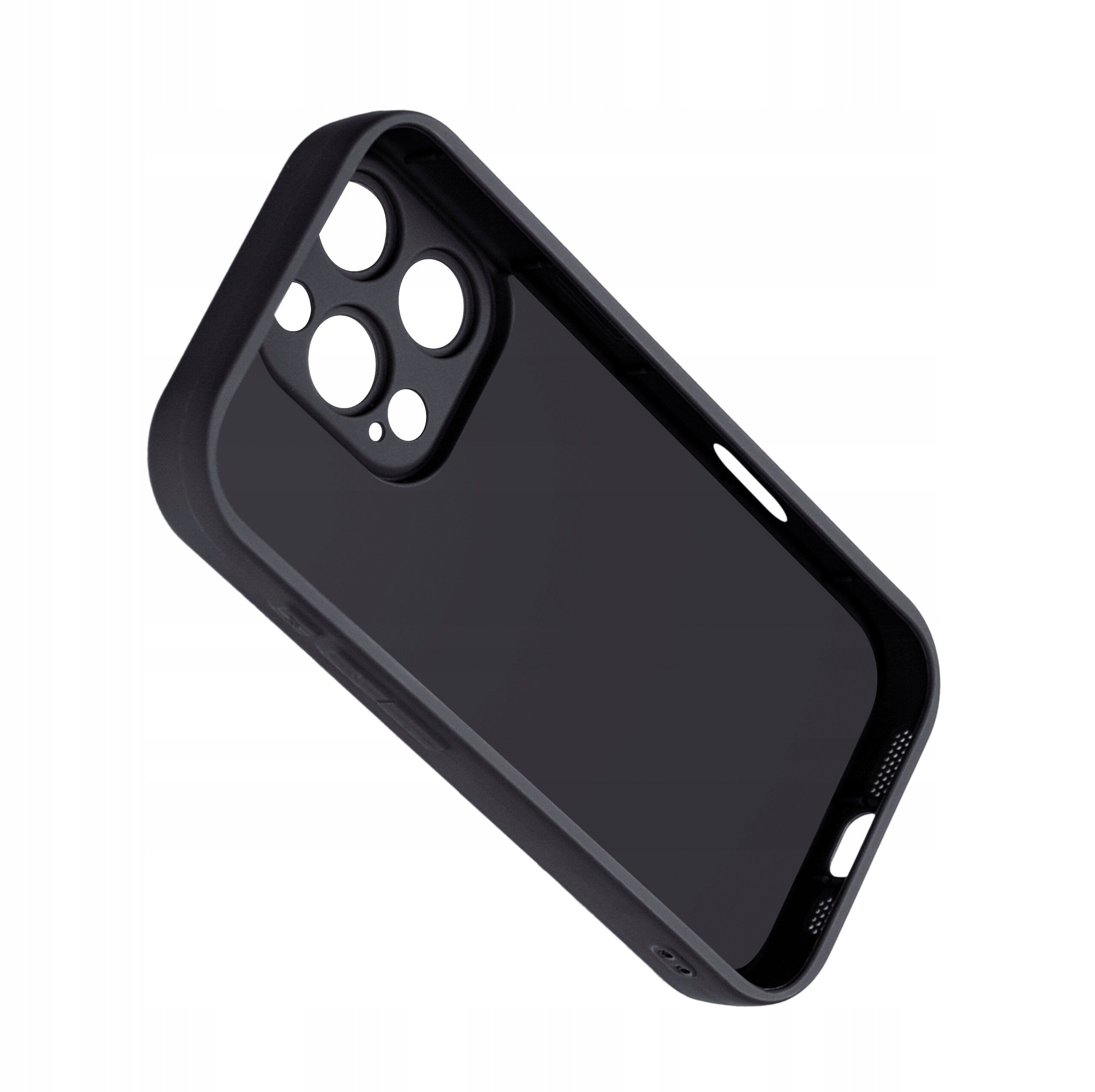 Czarne, matowe etui silikonowe do iPhone 16 Pro z wycięciami na aparat i przyciski, widoczne na białym tle.