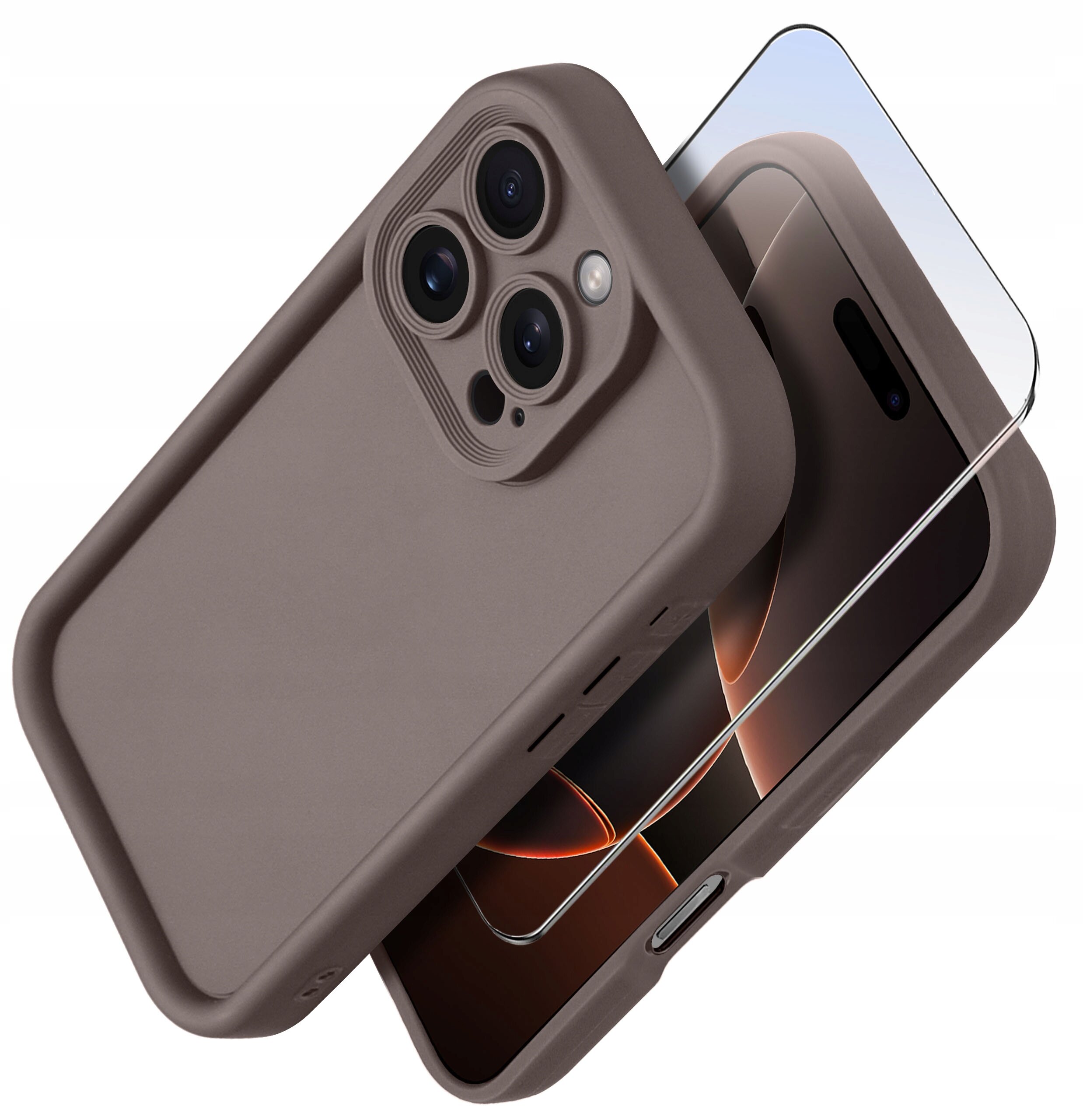 Na zdjęciu widoczne jest silikonowe etui w kolorze brązowym oraz szkło ochronne na ekran, przeznaczone dla iPhone 16 Pro. Produkt jest przedstawiony na białym tle.