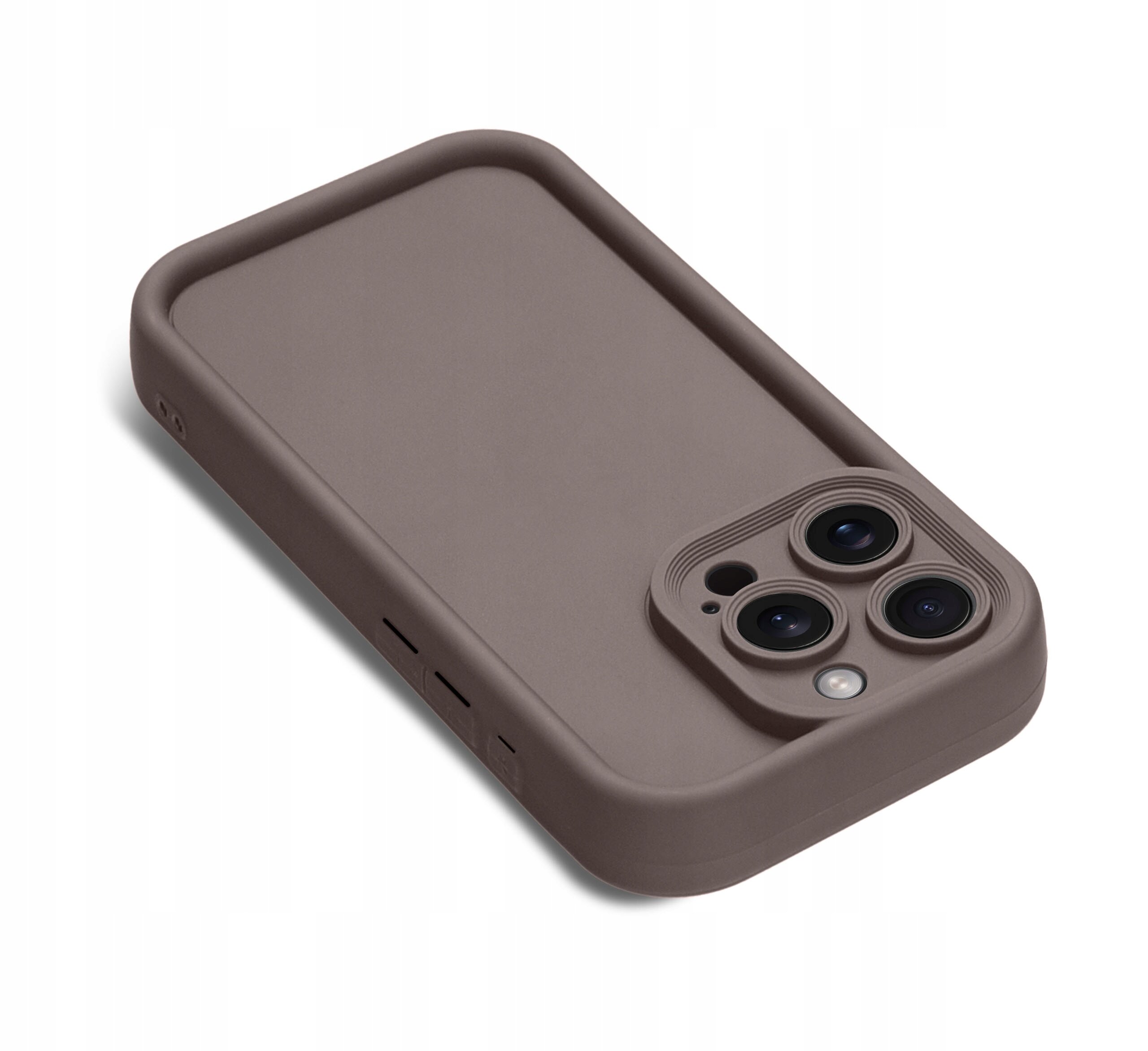 Silikonowe, matowe etui na iPhone 16 Pro w kolorze brązowym z wycięciami na aparat i przyciski boczne.
