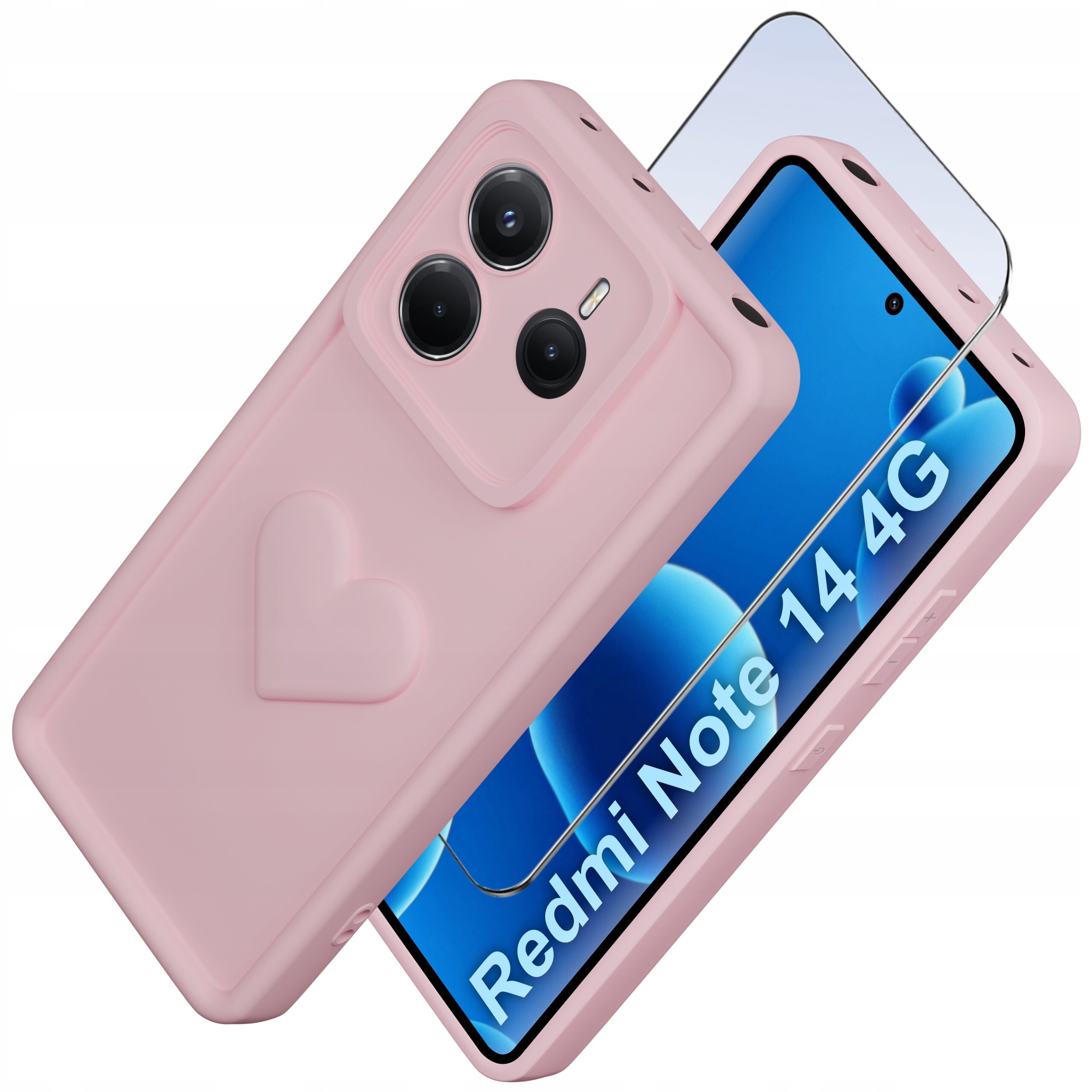 Różowe silikonowe etui z wytłoczonym sercem oraz szkło ochronne na telefon Xiaomi Redmi Note 14 4G. Na ekranie telefonu widoczny jest napis \'Redmi Note 14 4G\'.