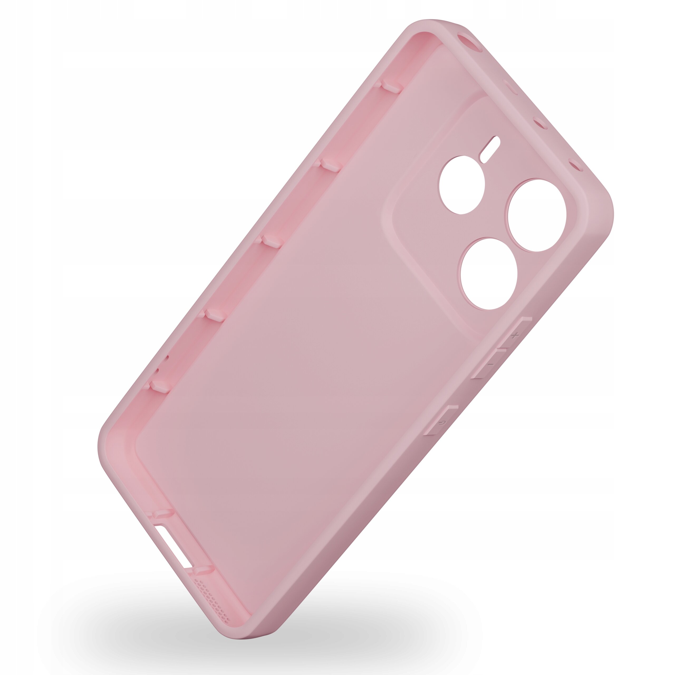 Różowe, silikonowe etui z wycięciami na aparat i przyciski, przeznaczone do telefonu Xiaomi Redmi Note 14 4G.
