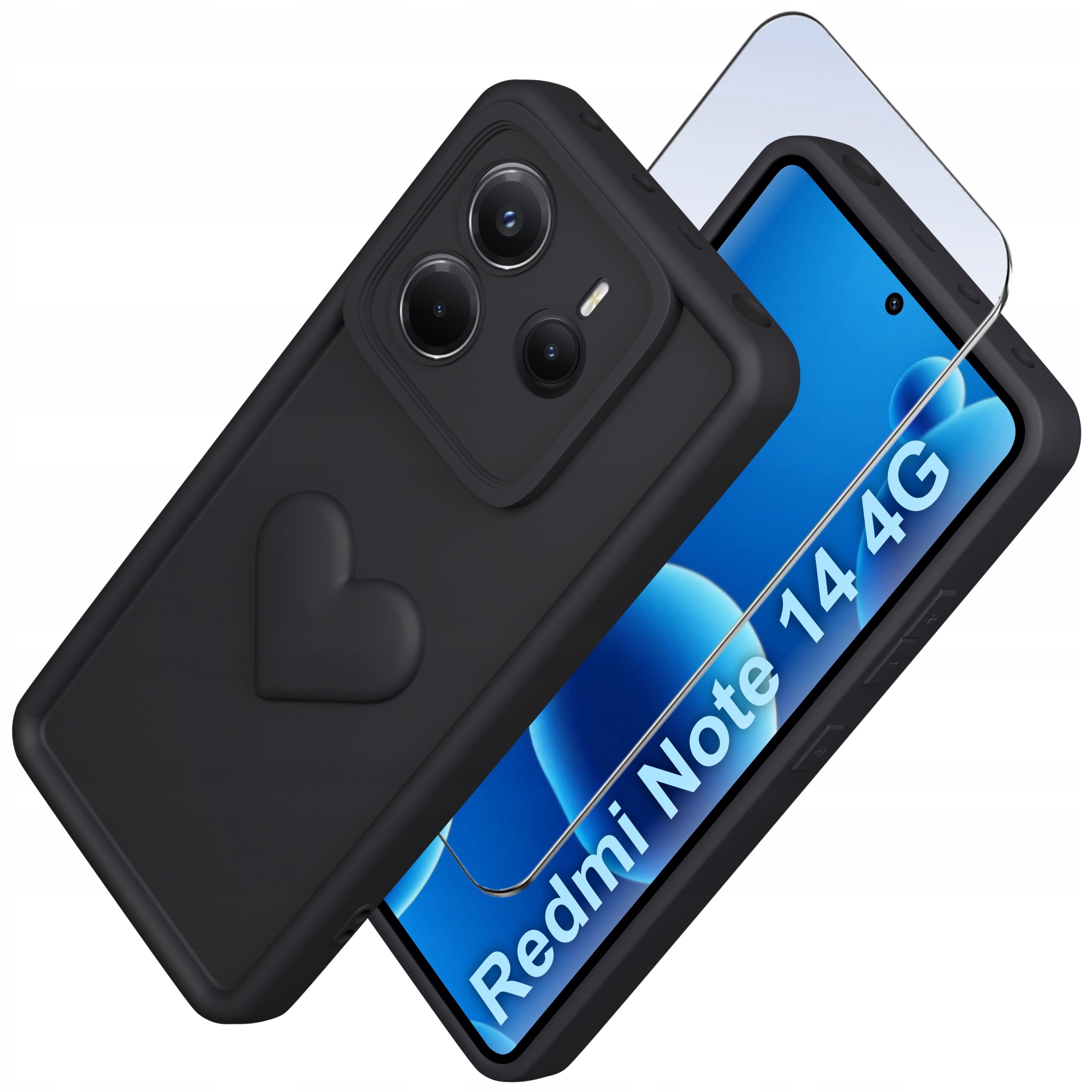 Na zdjęciu widoczne jest czarne silikonowe etui z wytłoczonym sercem oraz szkło ochronne na ekran telefonu z napisem \'Redmi Note 14 4G\'.