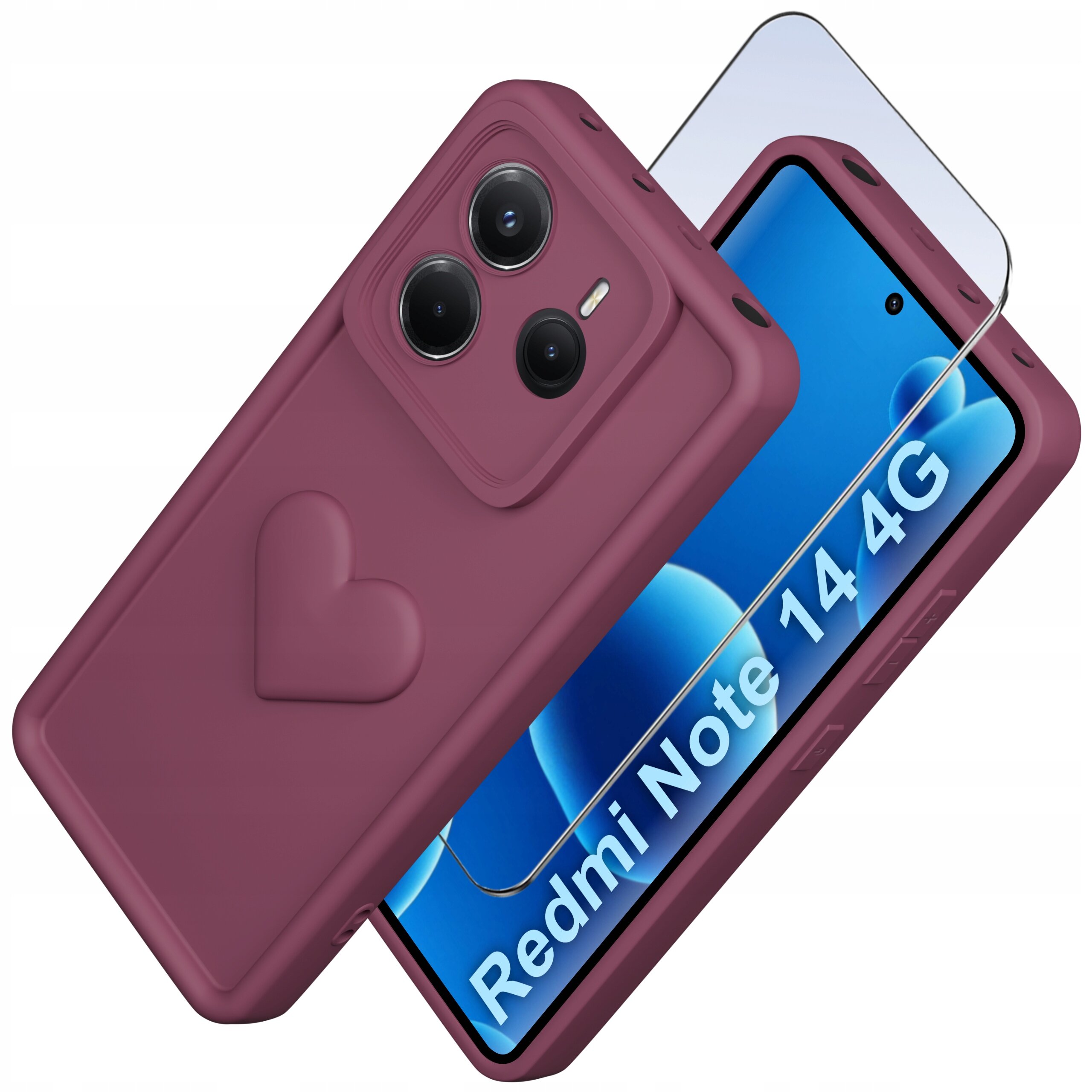 Na zdjęciu widoczne jest silikonowe etui w kolorze bordowym z wytłoczonym sercem oraz szkło ochronne na ekran telefonu z napisem \'Redmi Note 14 4G\'.