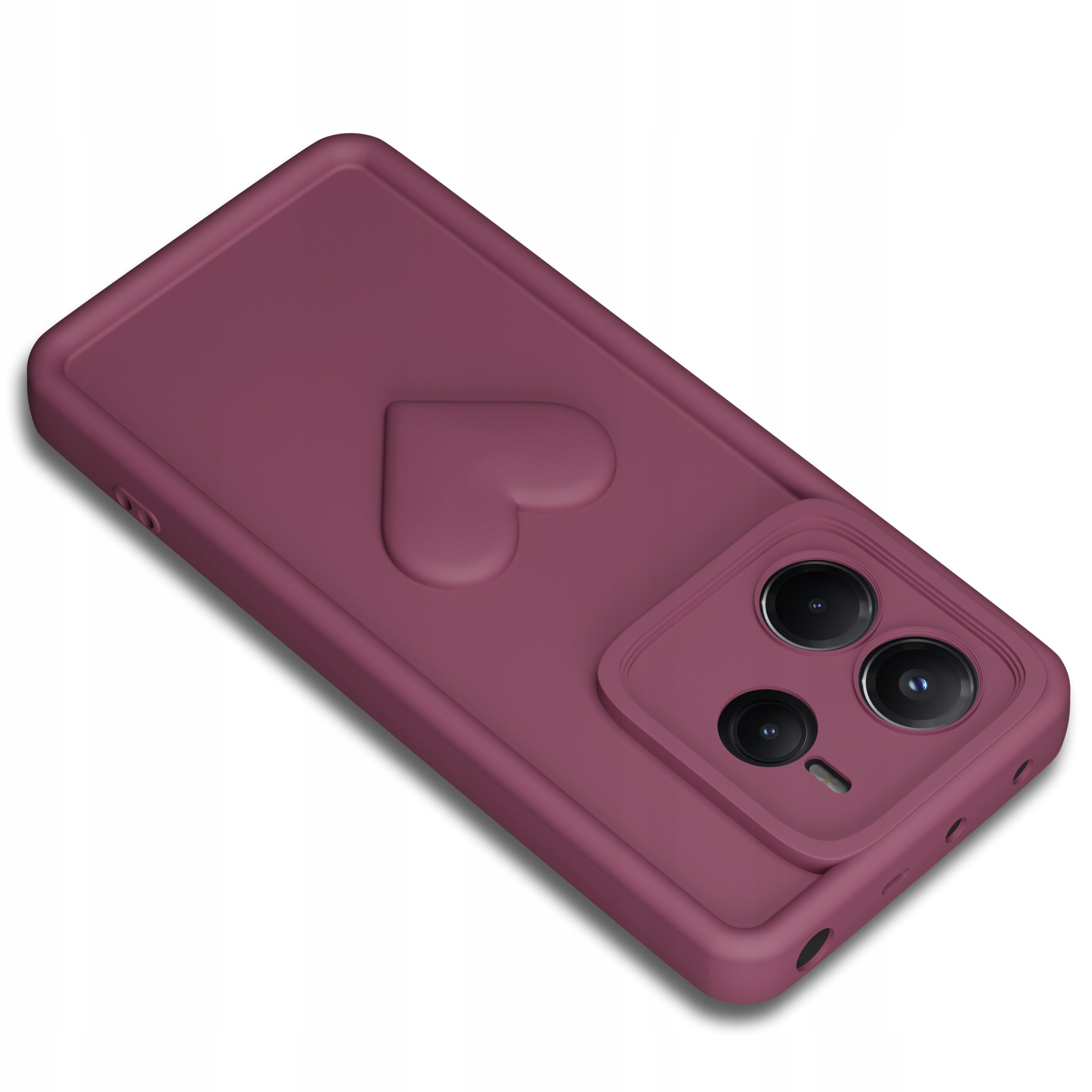 Silikonowe etui w kolorze bordowym z wytłoczonym sercem, przeznaczone dla telefonu Xiaomi Redmi Note 14 4G, z trzema otworami na aparaty fotograficzne.