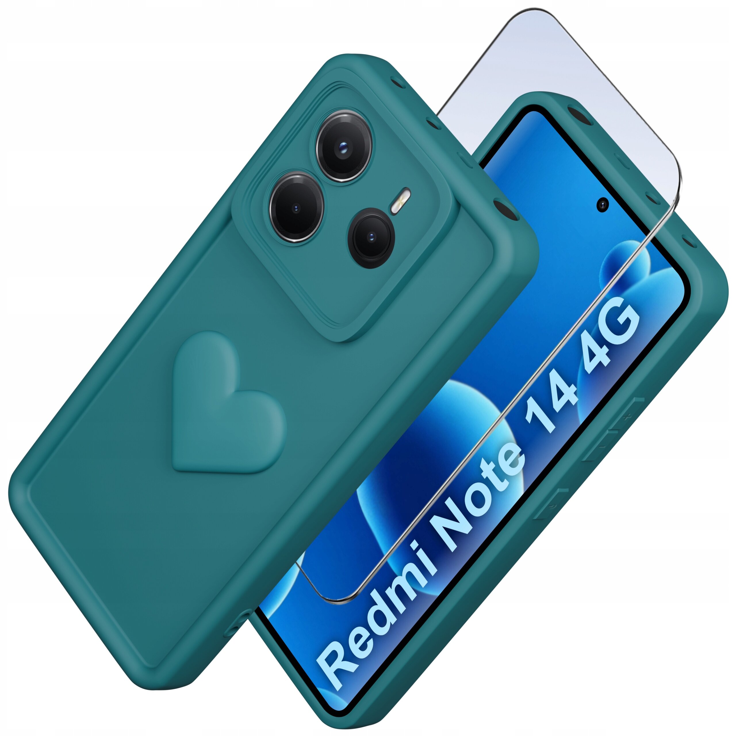 Na zdjęciu widoczne jest silikonowe etui w kolorze zielonym z wytłoczonym sercem oraz szkło ochronne na ekran telefonu z napisem \'Redmi Note 14 4G\'.