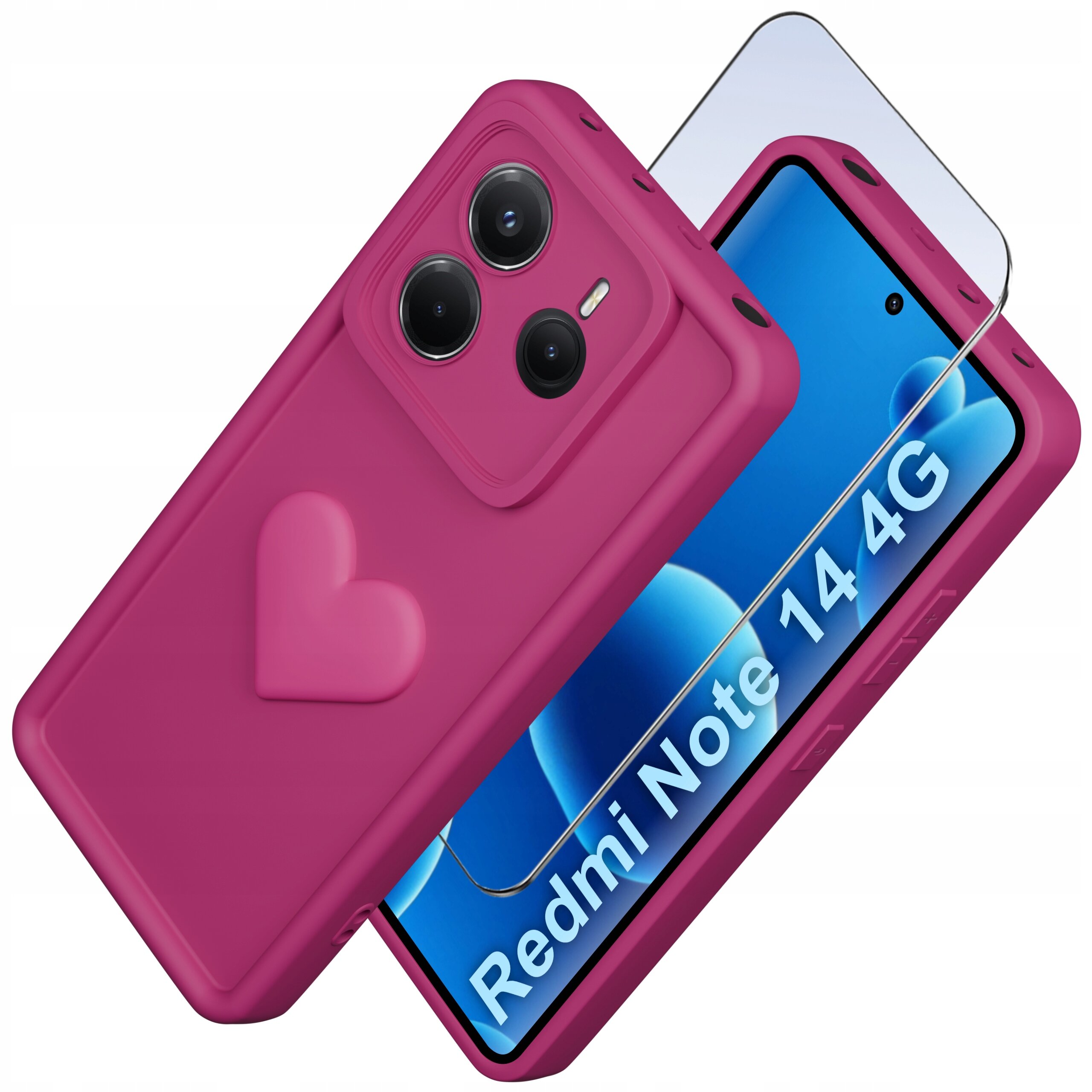 Na zdjęciu widoczne jest różowe silikonowe etui z wytłoczonym sercem oraz szkło ochronne na telefon Xiaomi Redmi Note 14 4G. Na ekranie telefonu widoczny jest napis \'Redmi Note 14 4G\'.