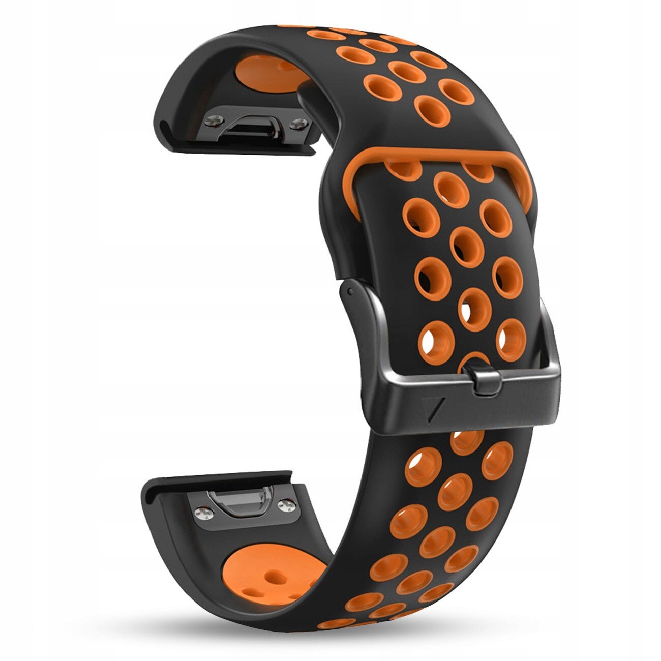 Czarny silikonowy pasek z pomarańczowymi akcentami i otworami, przeznaczony do zegarków Garmin Fenix, z metalową klamrą.
