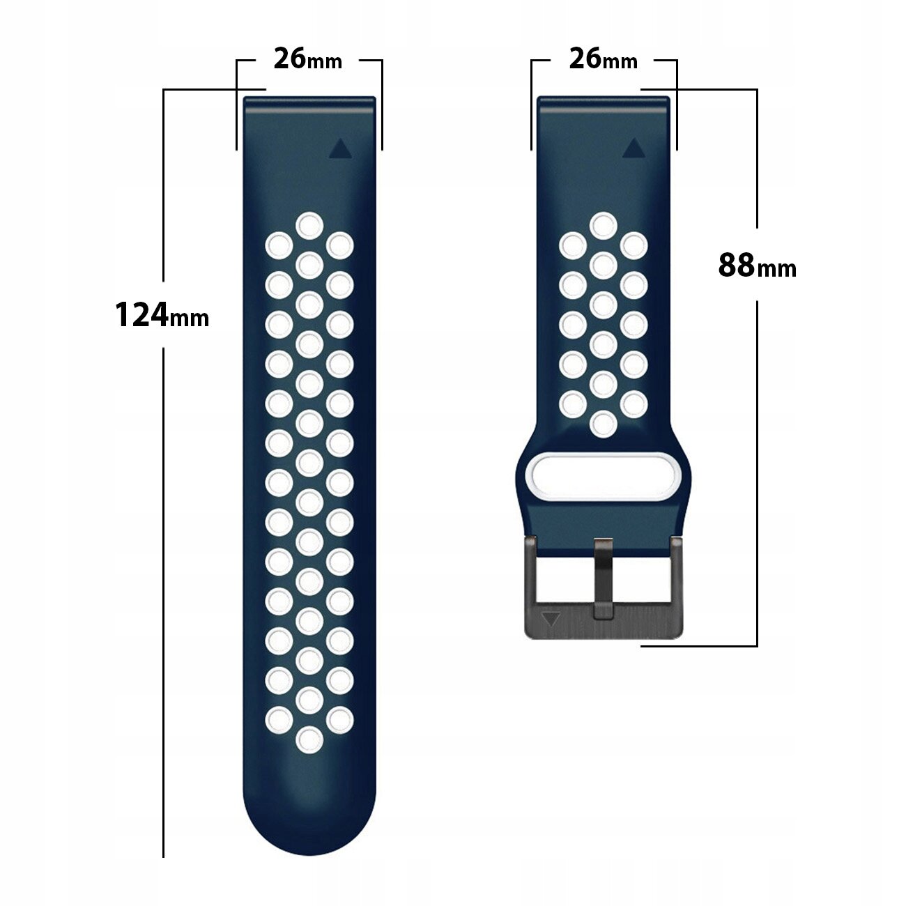 Na zdjęciu widoczny jest niebieski pasek silikonowy z białymi otworami, o szerokości 26 mm i długościach 124 mm oraz 88 mm, z metalową klamrą.