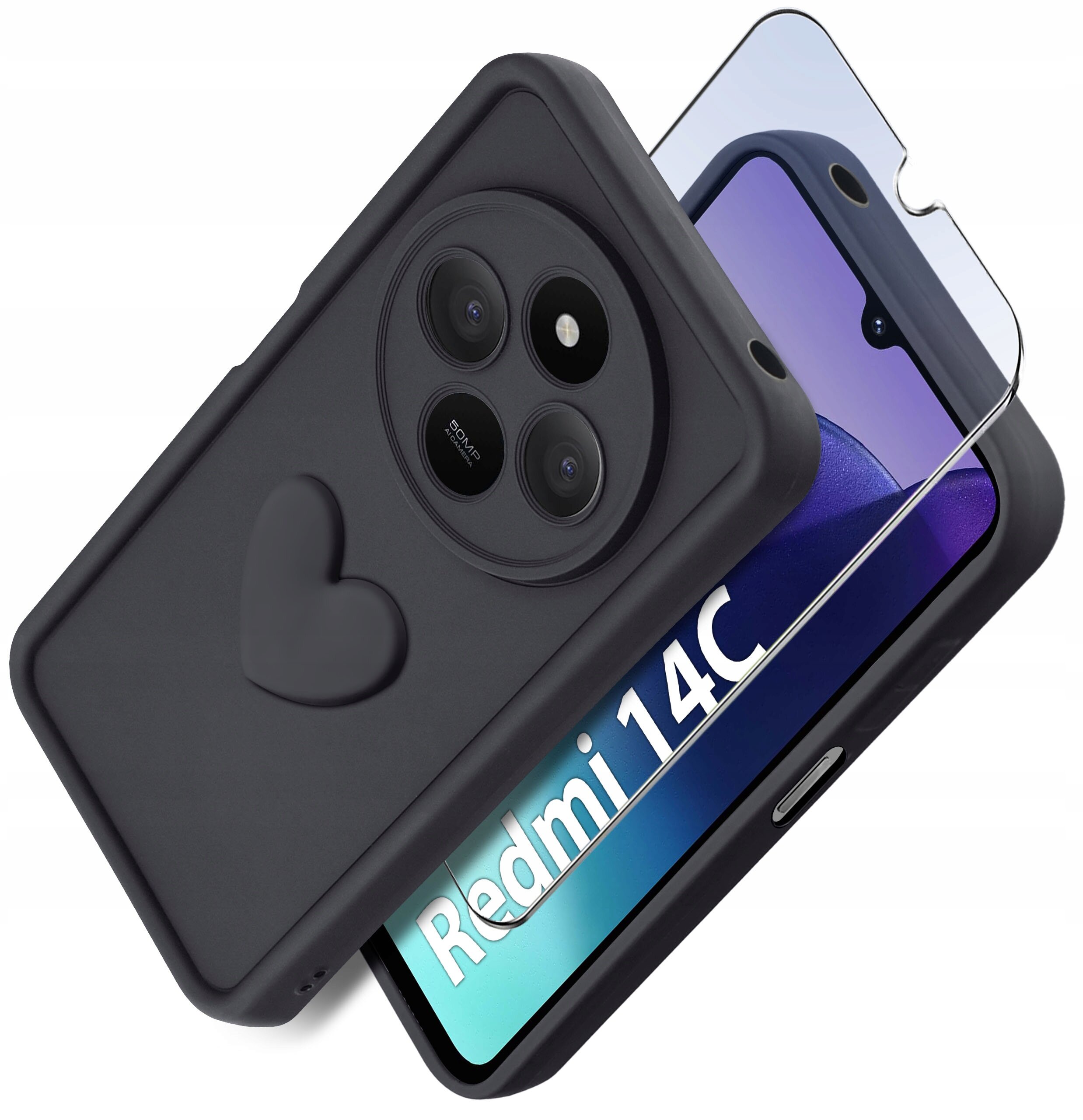 Czarne silikonowe etui z matowym wykończeniem i wytłoczonym sercem, obok szkło ochronne na ekran telefonu z widocznym napisem \'Redmi 14C\'.