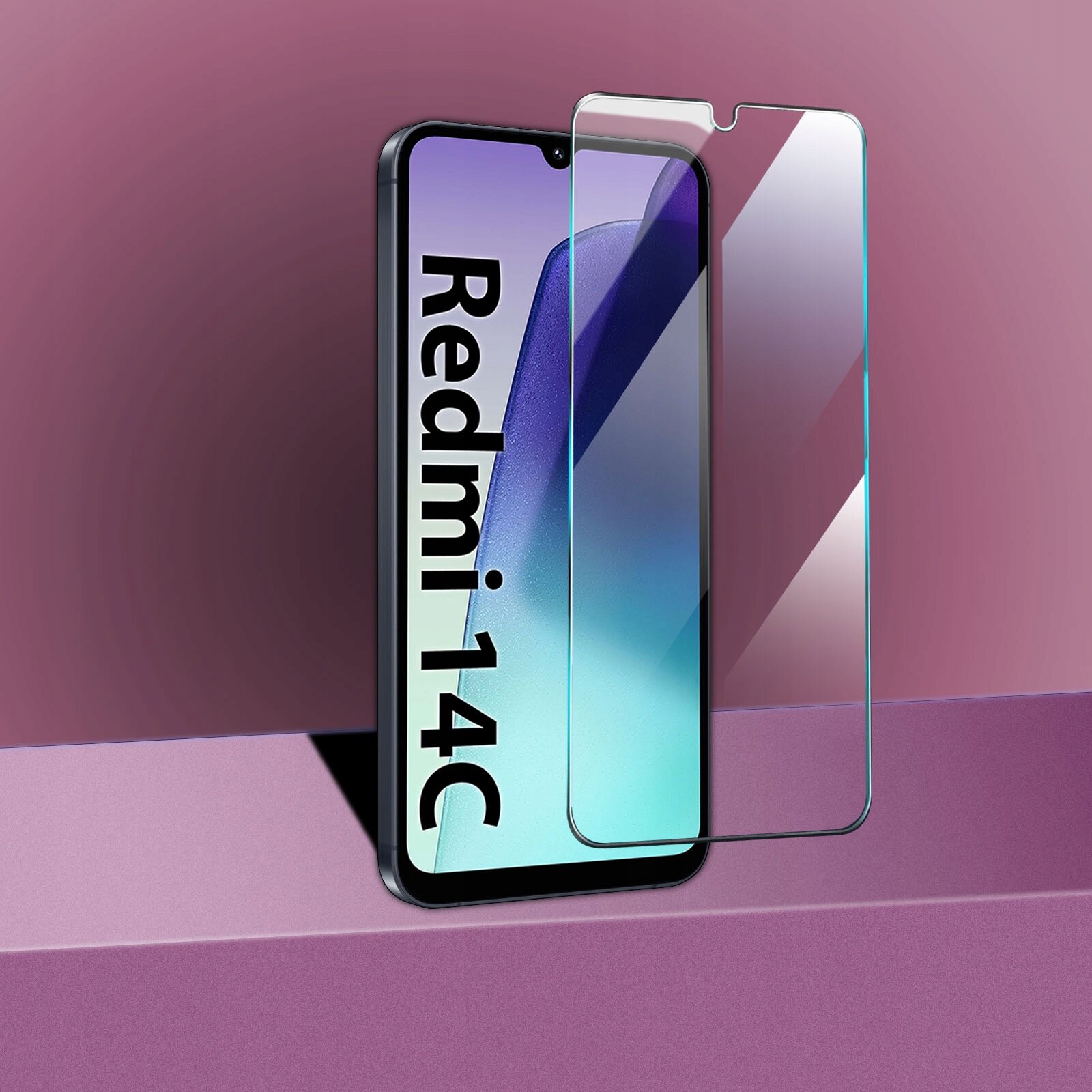 Na zdjęciu widoczny jest telefon z napisem \'Redmi 14C\' na ekranie oraz przezroczyste szkło ochronne na ekran, umieszczone na fioletowym tle.