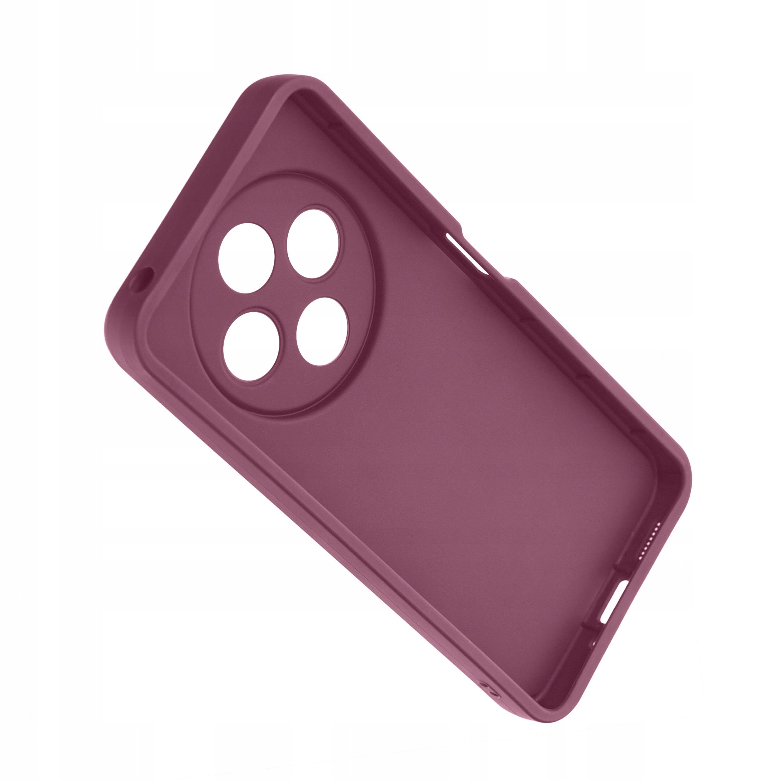 Silikonowe etui w kolorze bordowym z trzema okrągłymi wycięciami na aparat. Etui ma matową powierzchnię i jest przeznaczone do telefonu.