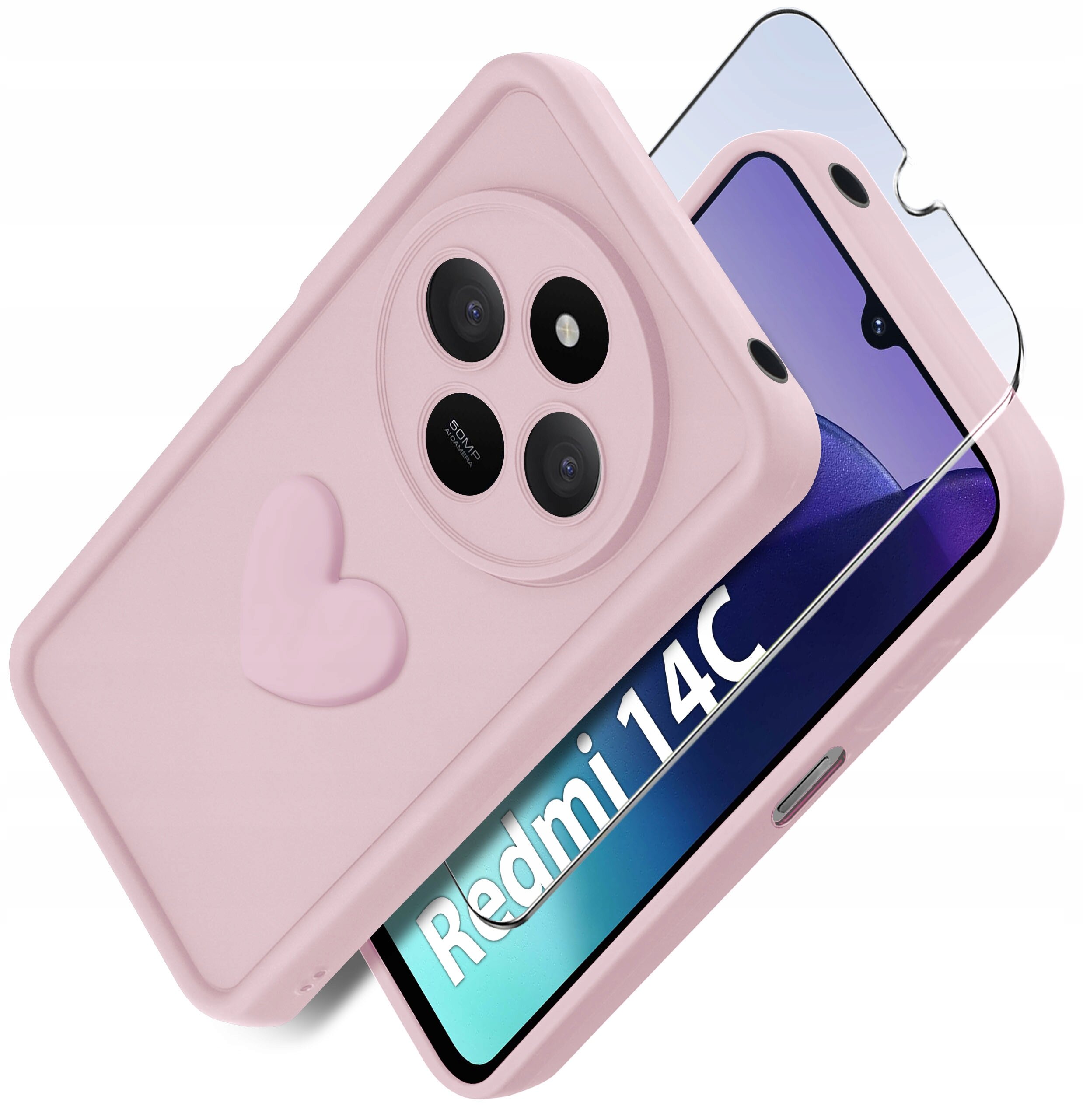 Różowe silikonowe etui z wytłoczonym sercem oraz szkło ochronne na ekran, z widocznym napisem \'Redmi 14C\' na ekranie telefonu.