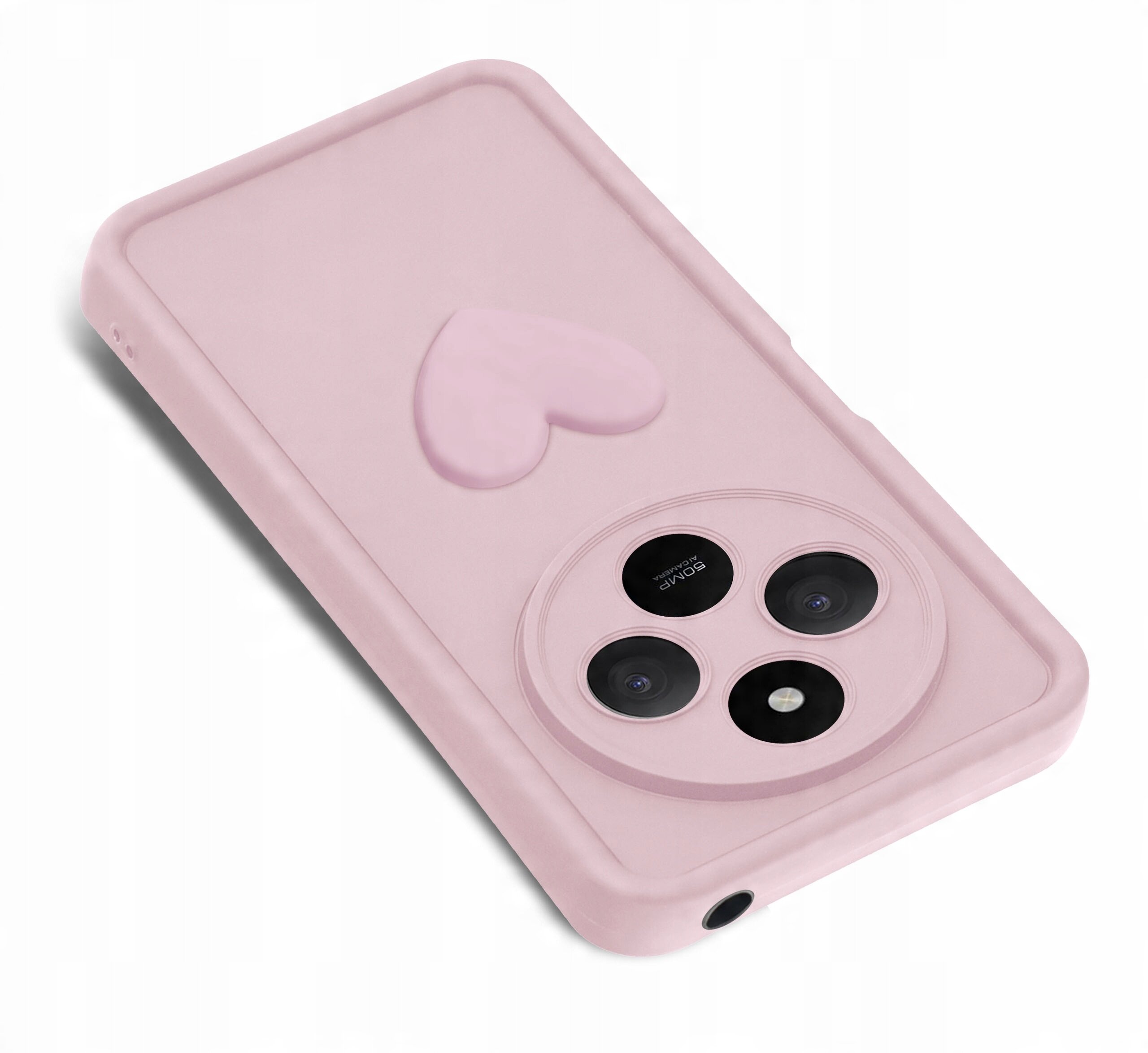 Różowe silikonowe etui z wypukłym sercem, przeznaczone na telefon z trzema obiektywami aparatu. Widoczny napis na obiektywie: \'Square\'.