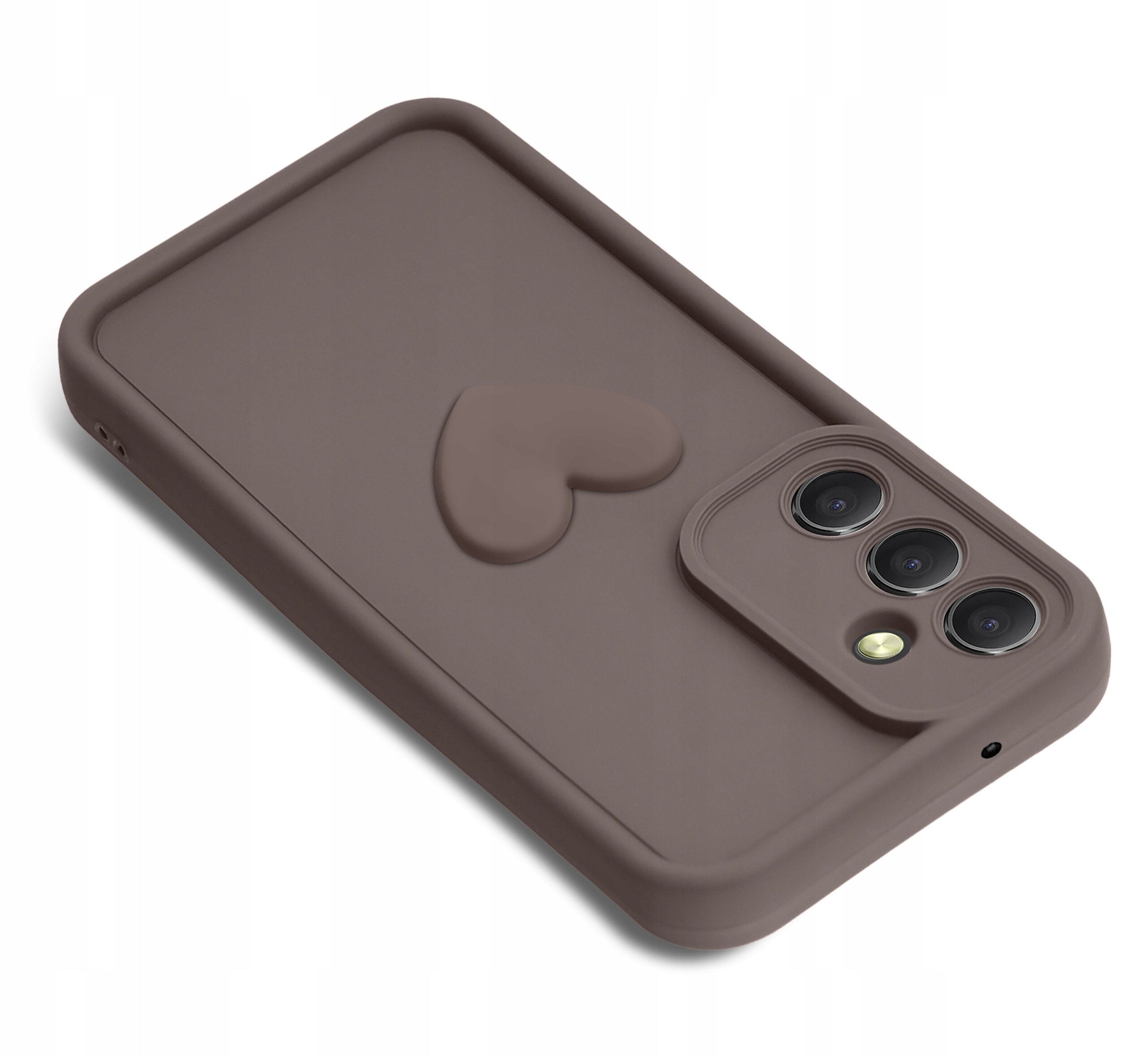 Silikonowe etui na telefon z matowym wykończeniem i wypukłym kształtem serca, przeznaczone dla modelu Samsung A35 5G, z trzema otworami na aparat i szkłem ochronnym na ekran.