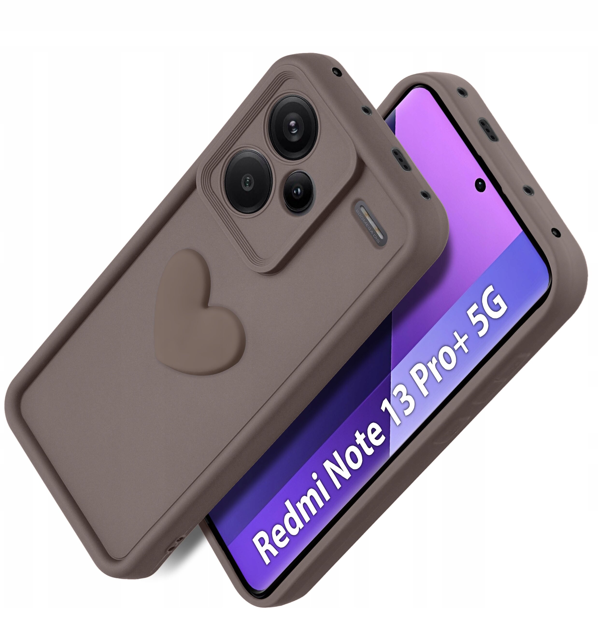 Silikonowe matowe etui z sercem na telefon Xiaomi Redmi Note 13 Pro+ 5G, z widocznym napisem \'Redmi Note 13 Pro+ 5G\' na ekranie telefonu.